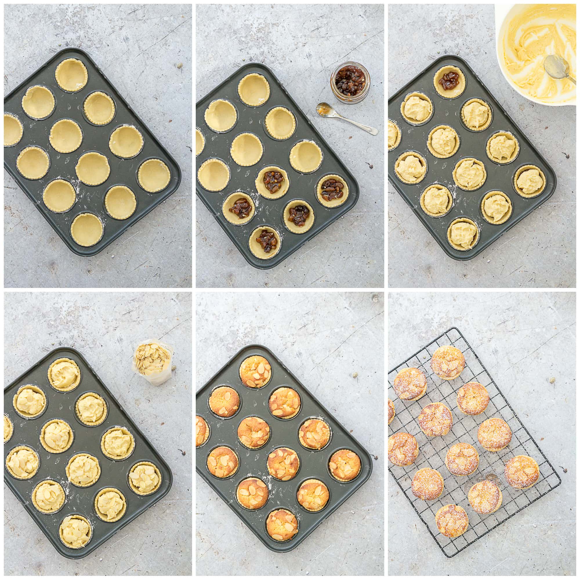 Collage showing 6 process shots for Easy Frangipane Topped Mince Pies on a cooling rack (without icing sugar)