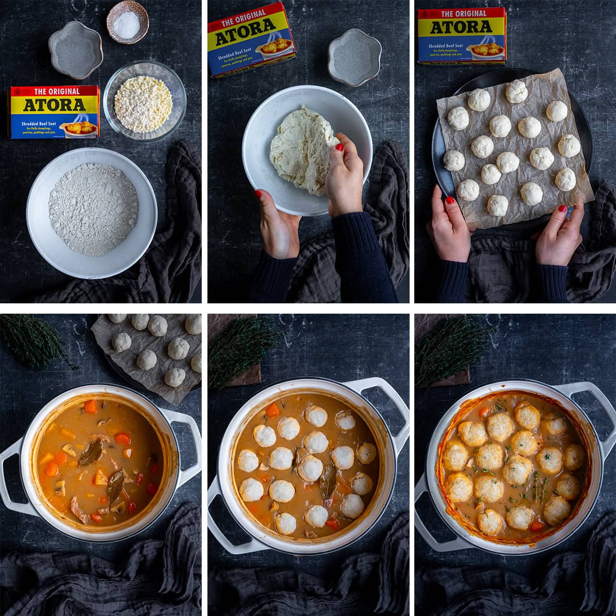 Collage showing 6 process shots for Traditional British Suet Dumplings with Atora