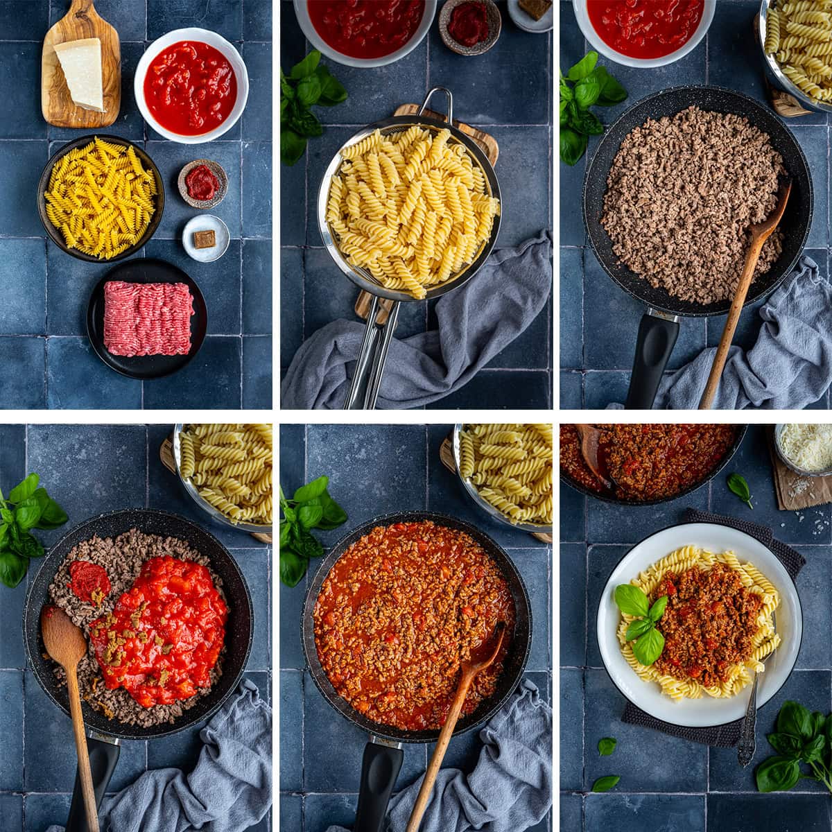 Collage showing 6 process shots for Fusilli Bolognese
