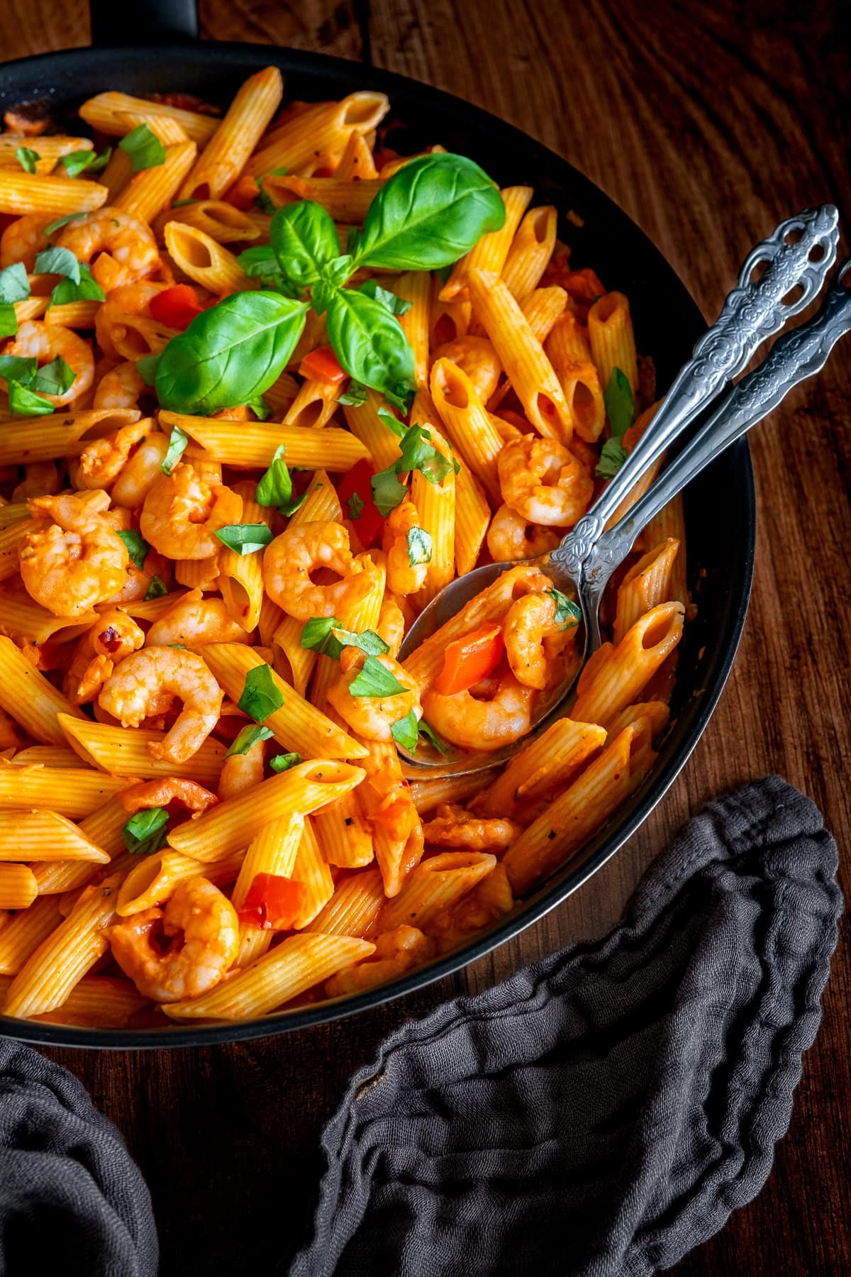 Closeup of Creamy Prawn Tomato Pasta in the pan.