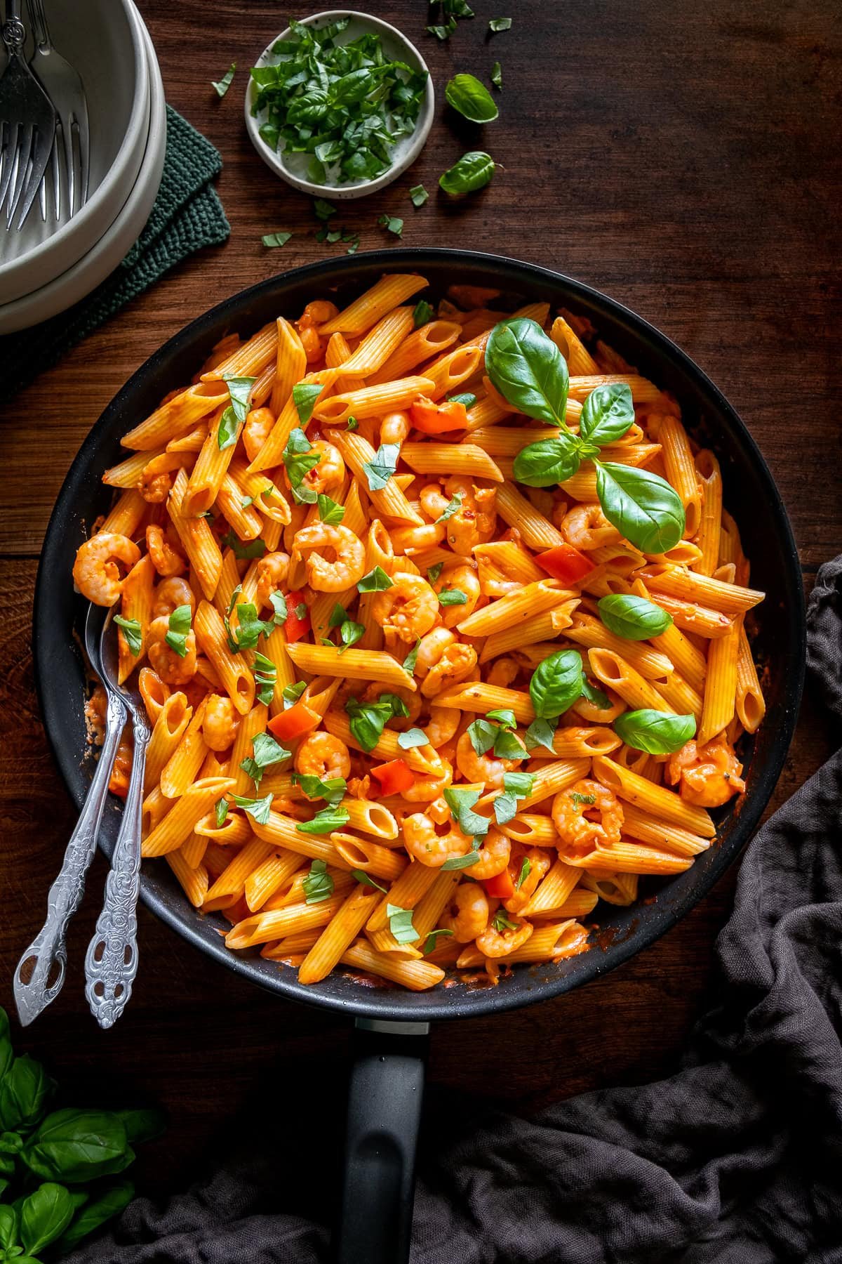 Overhead shot of Creamy Prawn Tomato Pasta in the pan.