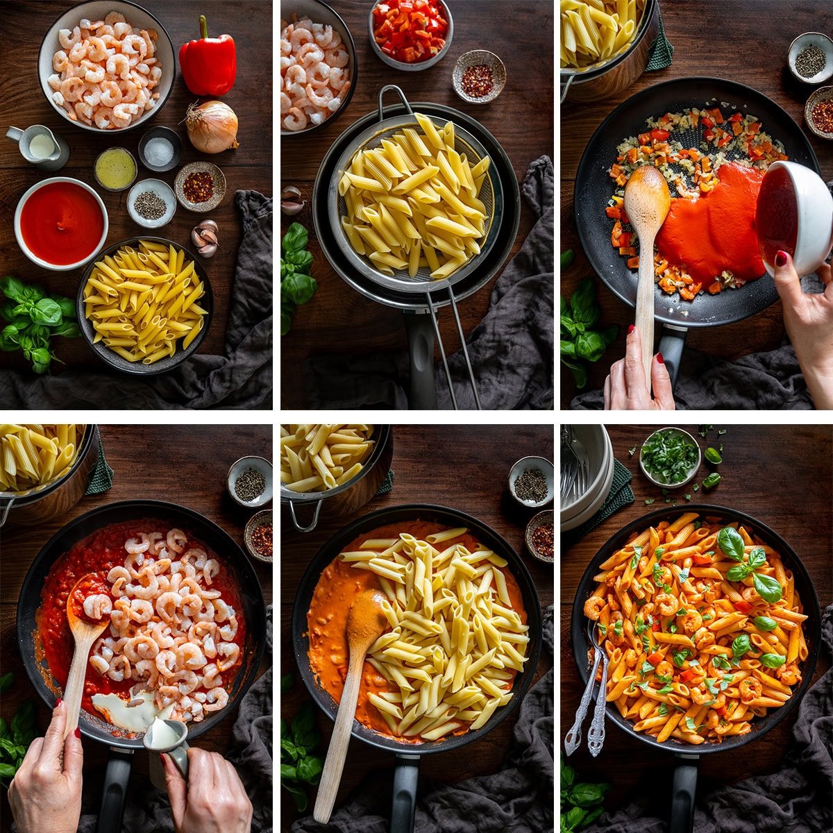 Collage showing 6 process shots for Creamy Prawn Tomato Pasta
