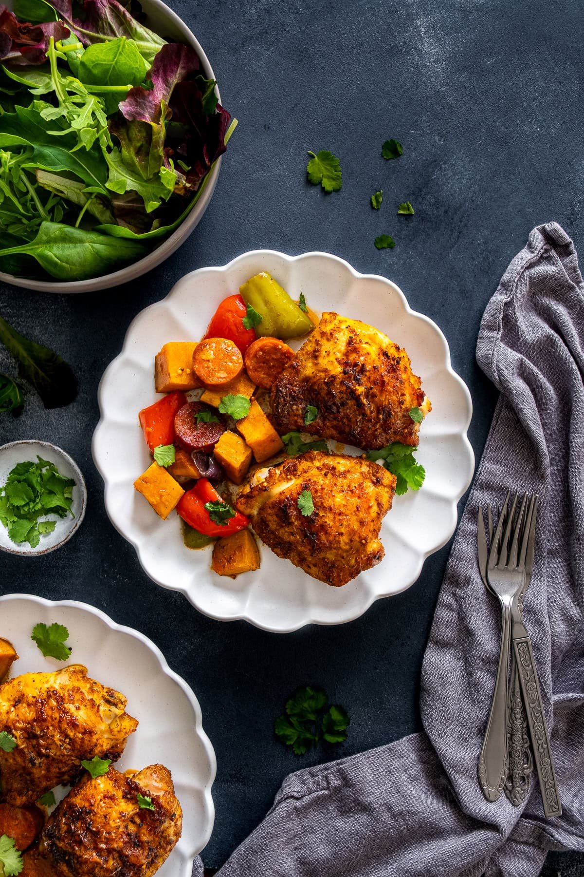 Overhead shot of Cajun Chicken Traybake on a plate.