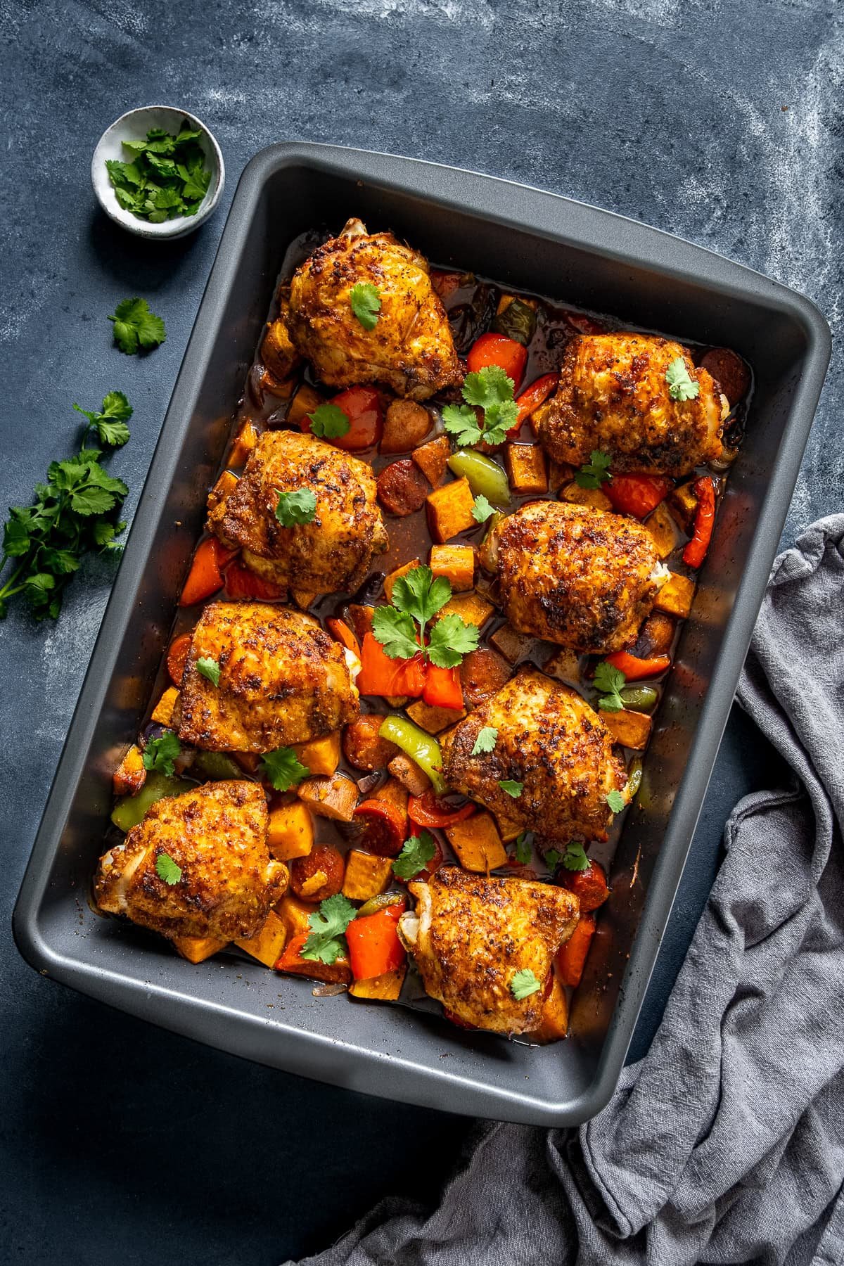 Overhead shot of Cajun Chicken Traybake in the tray.