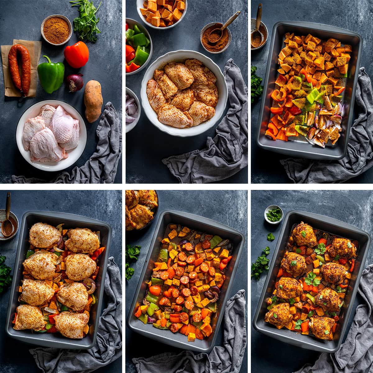 Collage showing 6 process shots for Cajun Chicken Traybake