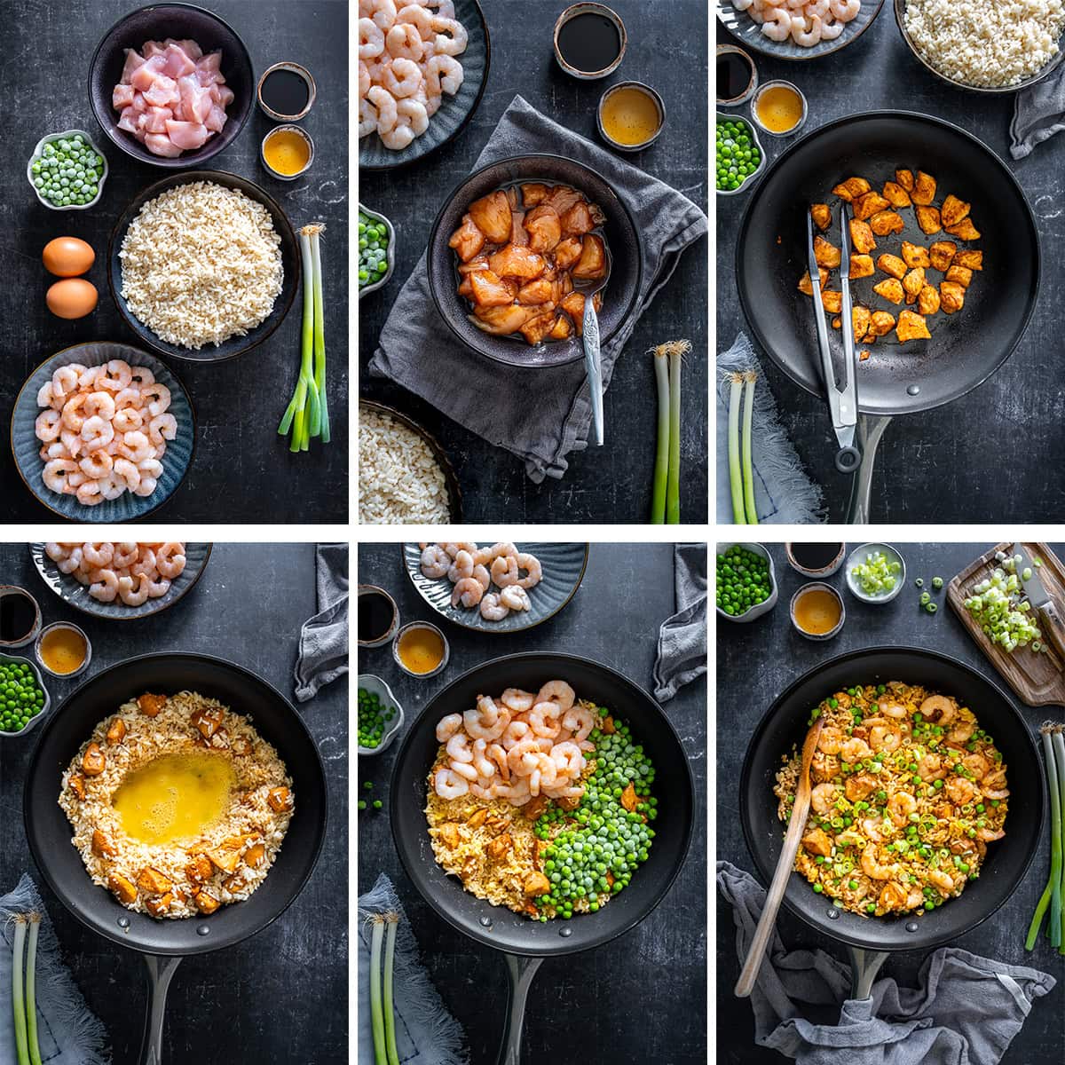 Collage showing 6 process shots for Chicken and Prawn Fried Rice.