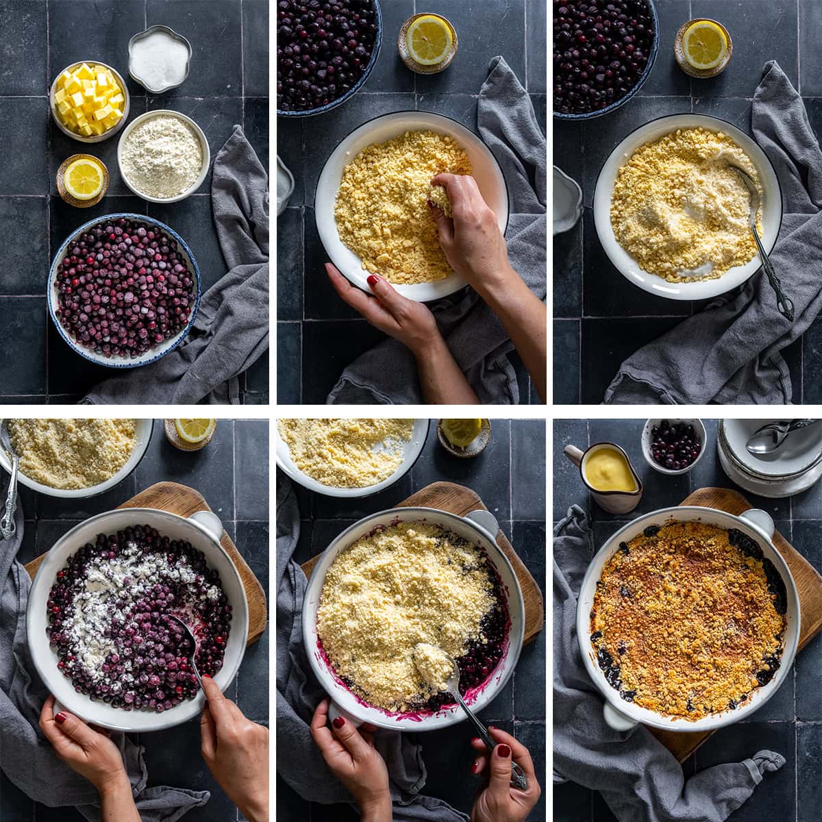 Collage showing 6 process shots for Easy Blueberry Crumble