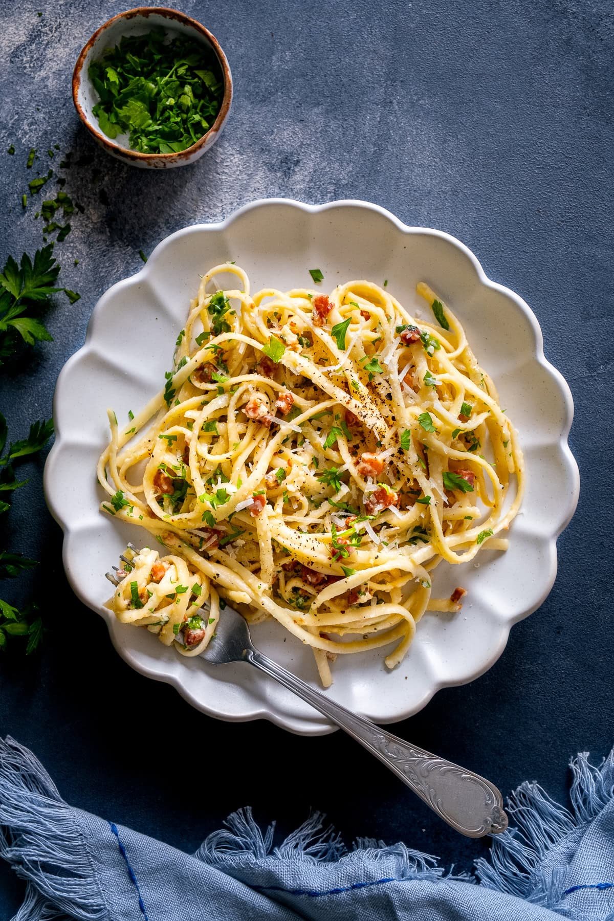 Overhead shot of 1 plate of Easy Creamy Carbonara
