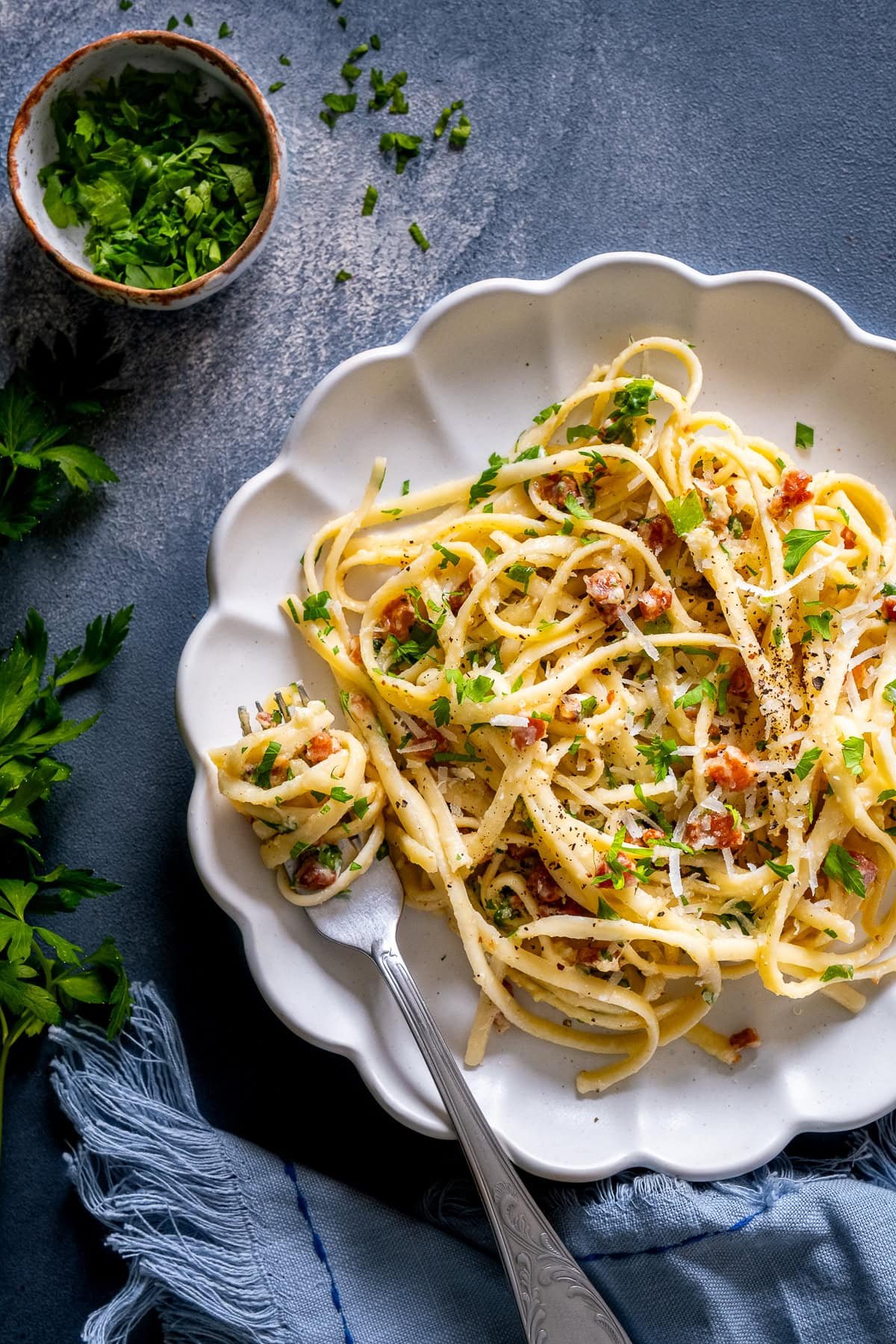 Overhead shot of 1 plate of Easy Creamy Carbonara