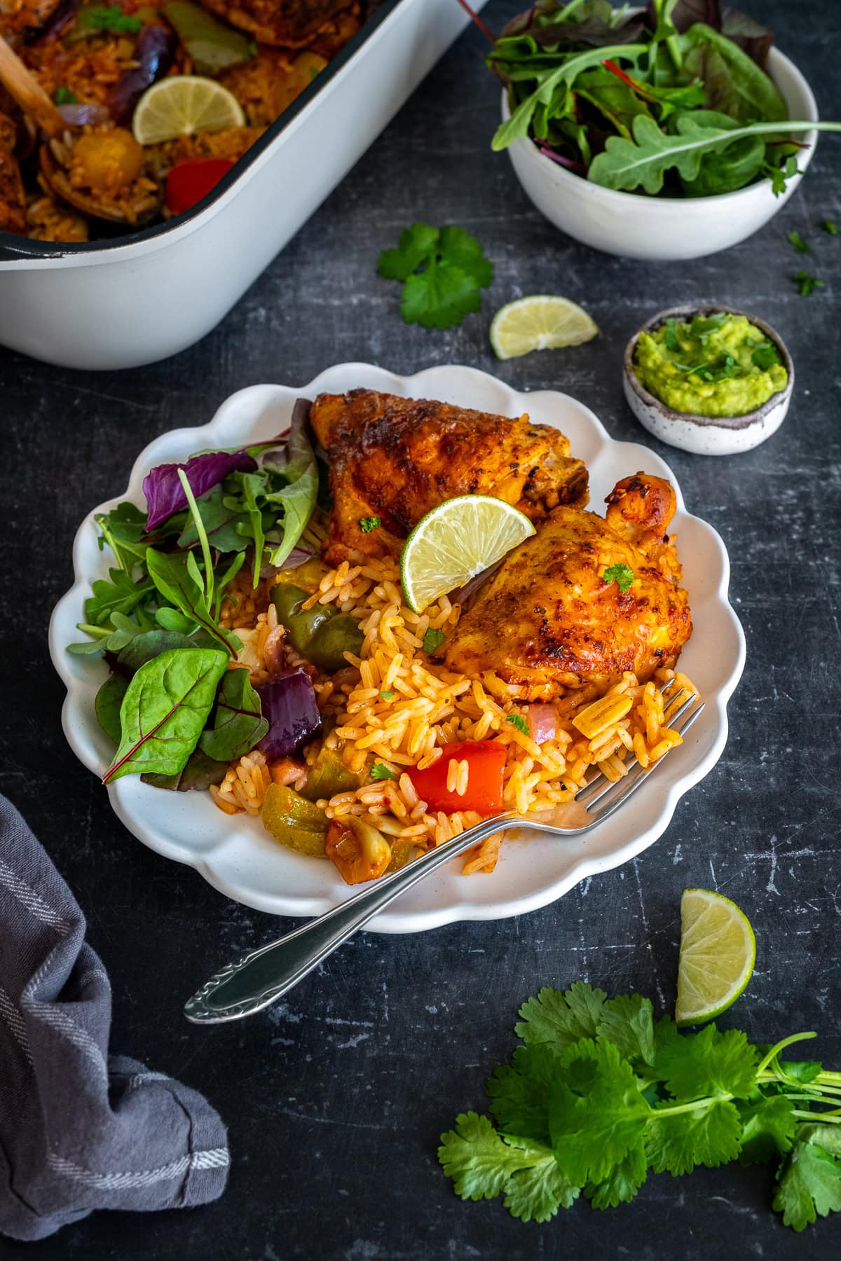 One serving of Mexican Chicken And Rice on a plate.