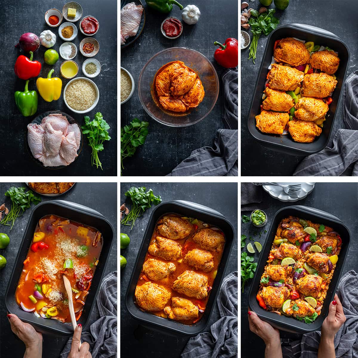 Collage showing 6 process shots for Mexican Chicken And Rice (Arroz Con Pollo)