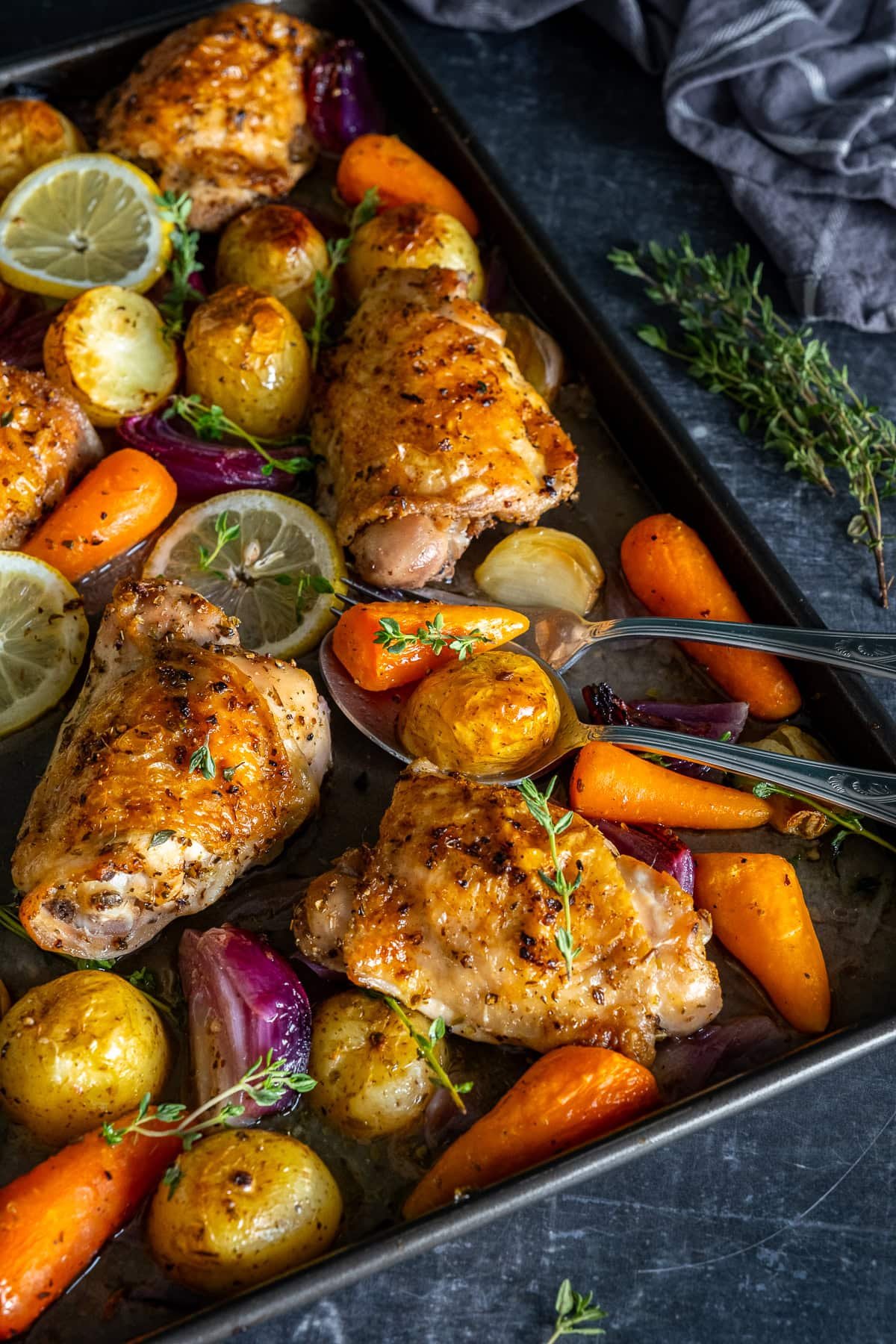 Closeup of Chicken and Potato Traybake