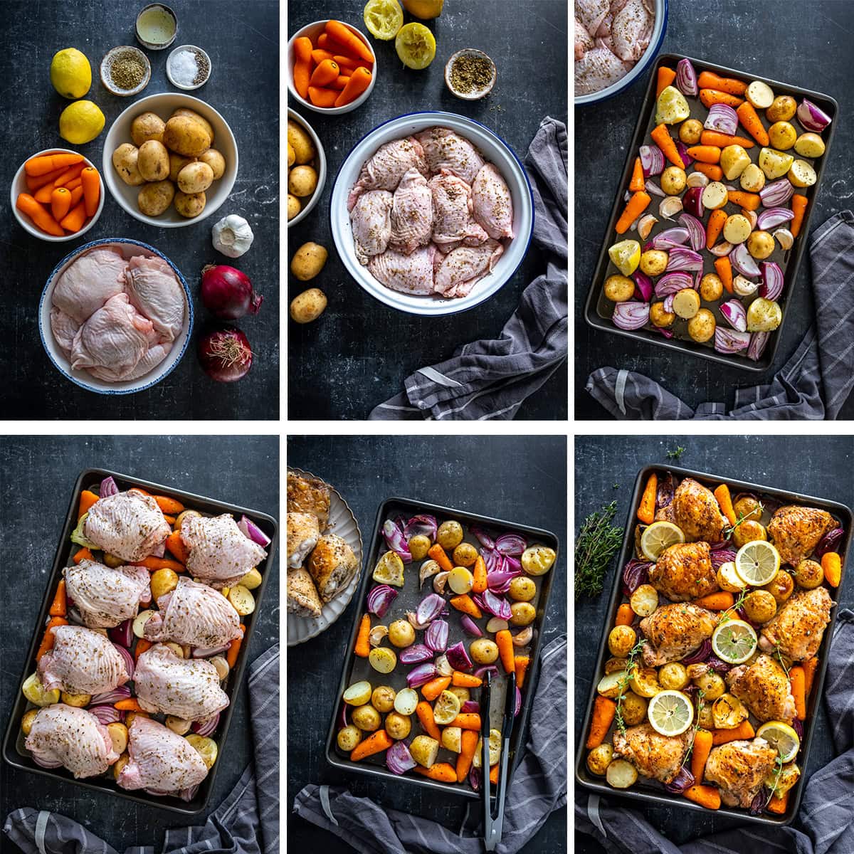 Collage showing 6 process shots for Chicken and Potato Traybake with Lemon and Garlic