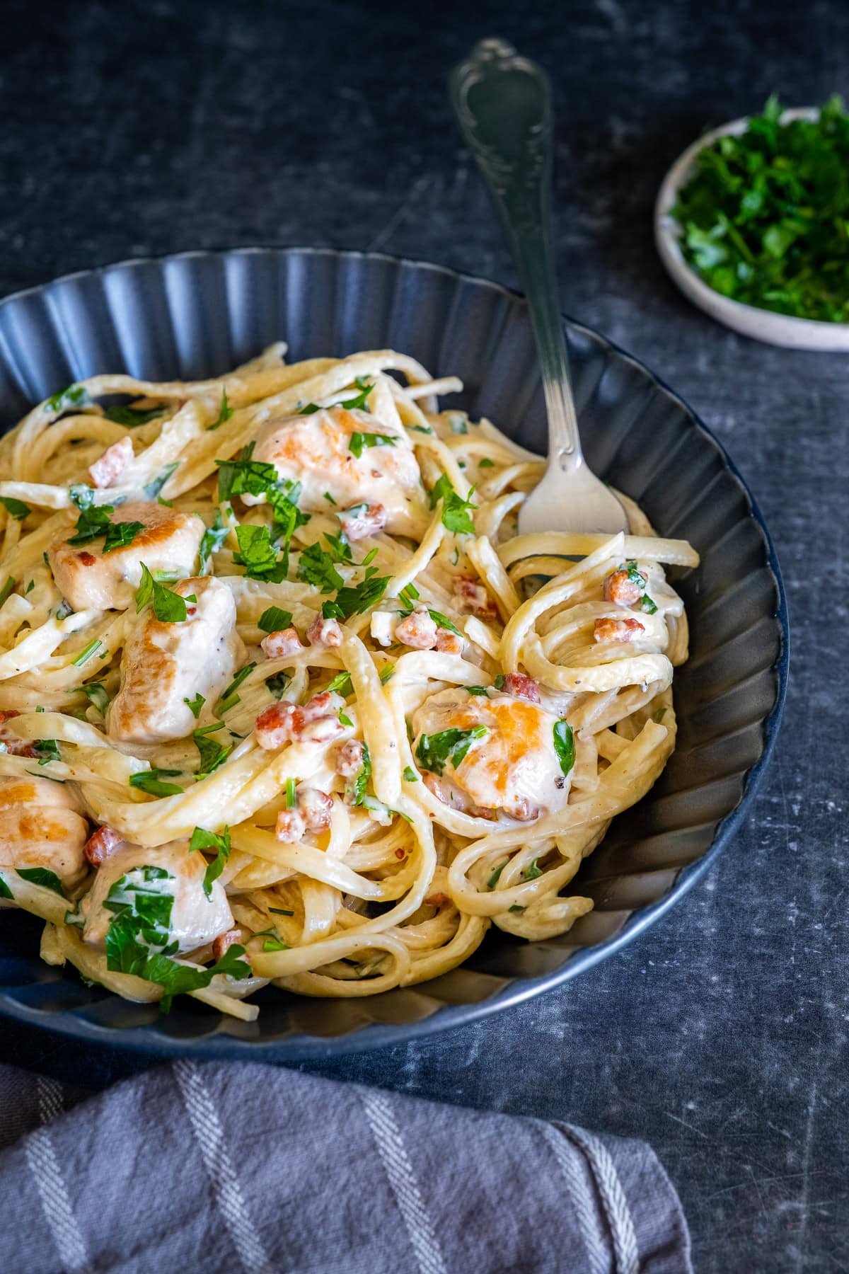 Closeup of Creamy Chicken Carbonara with Bacon.