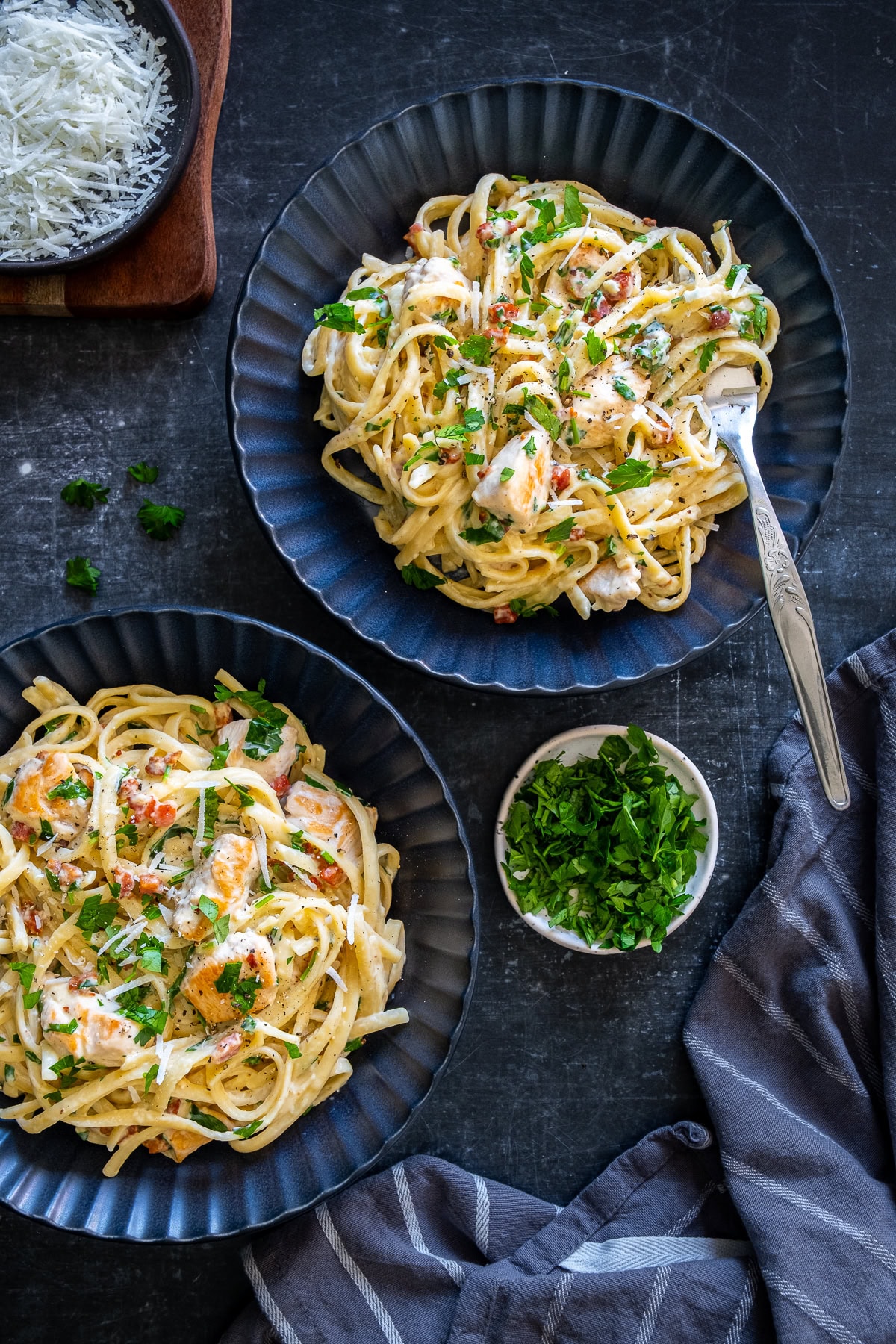 Overhead shot of 2 plates of Creamy Chicken Carbonara