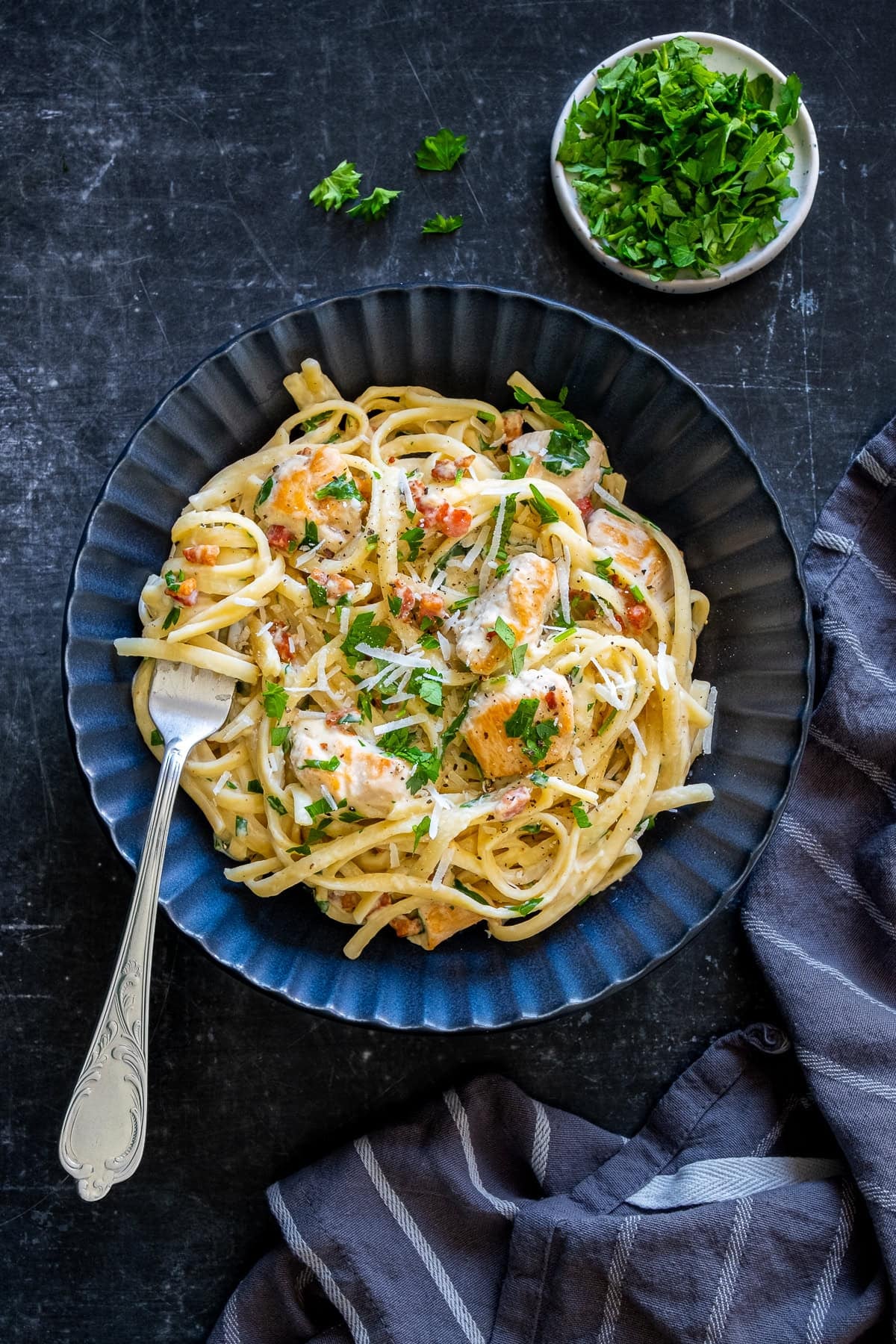 Overhead shot of 1 bowl of Creamy Chicken Carbonara with Bacon