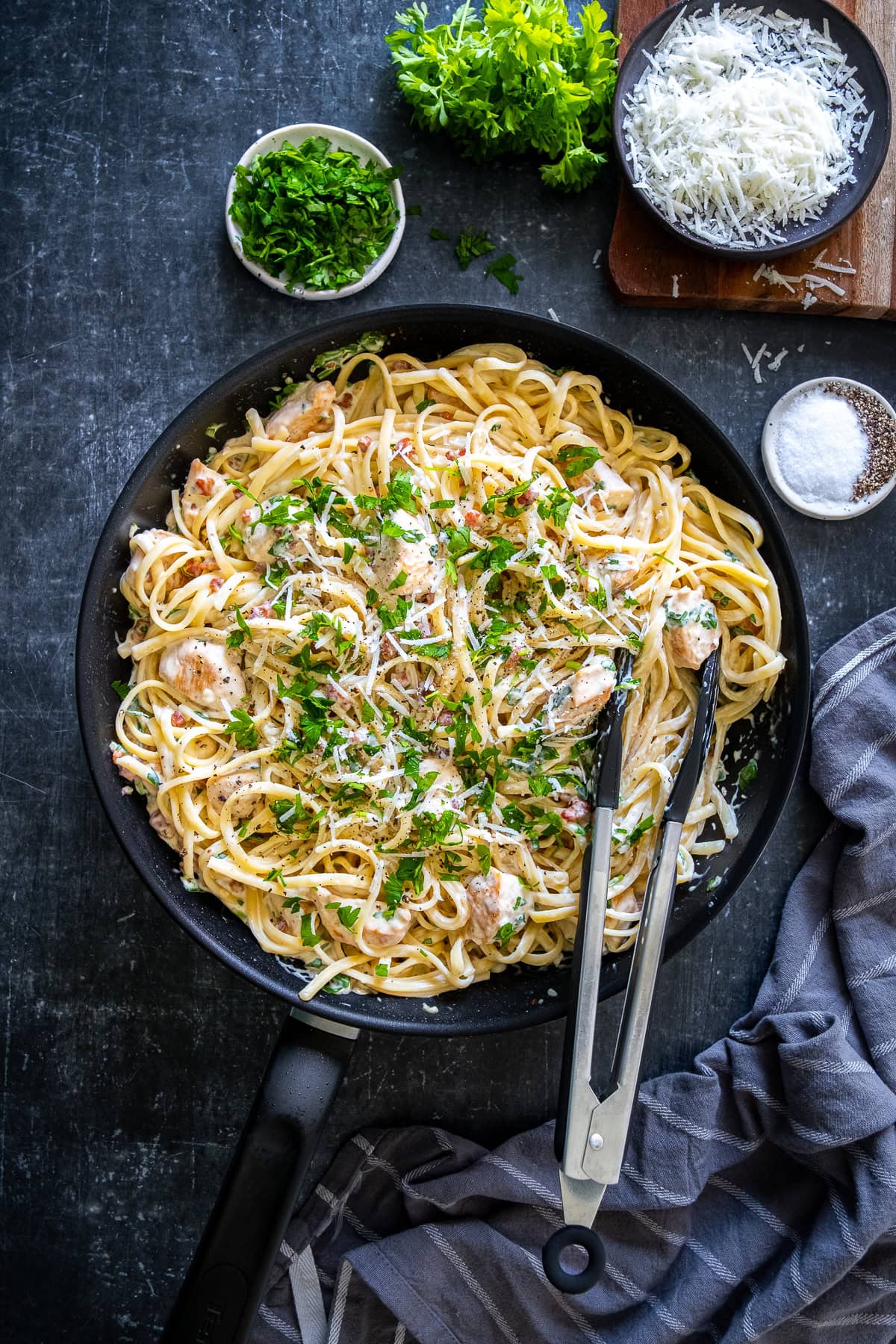 Overhead shot of Creamy Chicken Carbonara with Bacon in the pan.