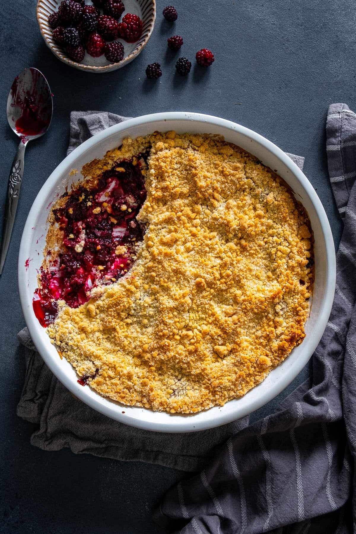 Overhead shot of Easy Blackberry Crumble in the dish.