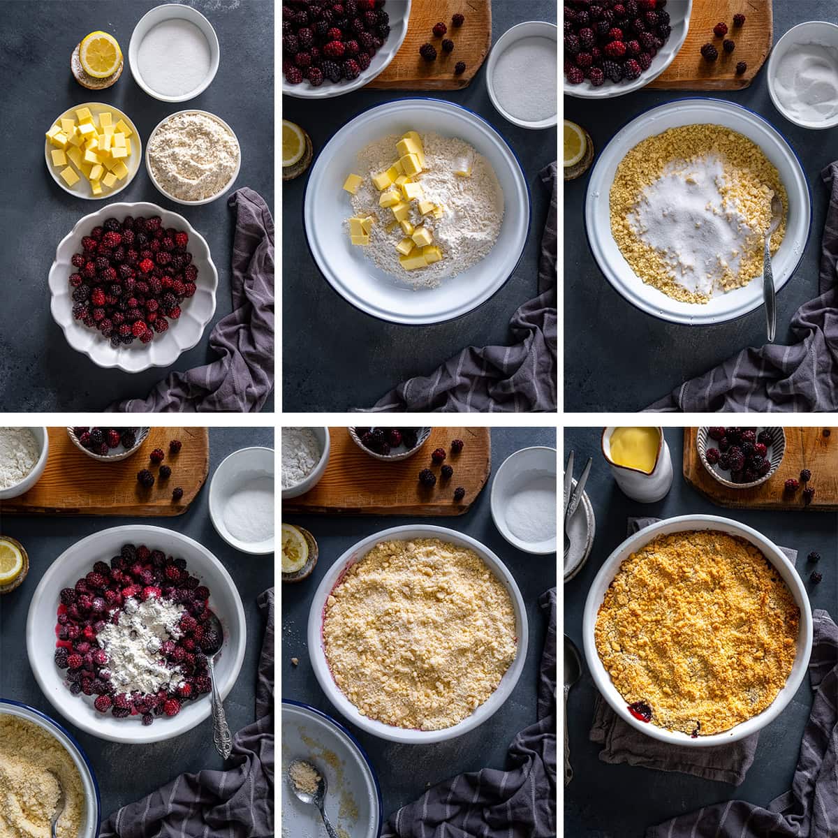 Collage showing 6 process shots for Easy Blackberry Crumble