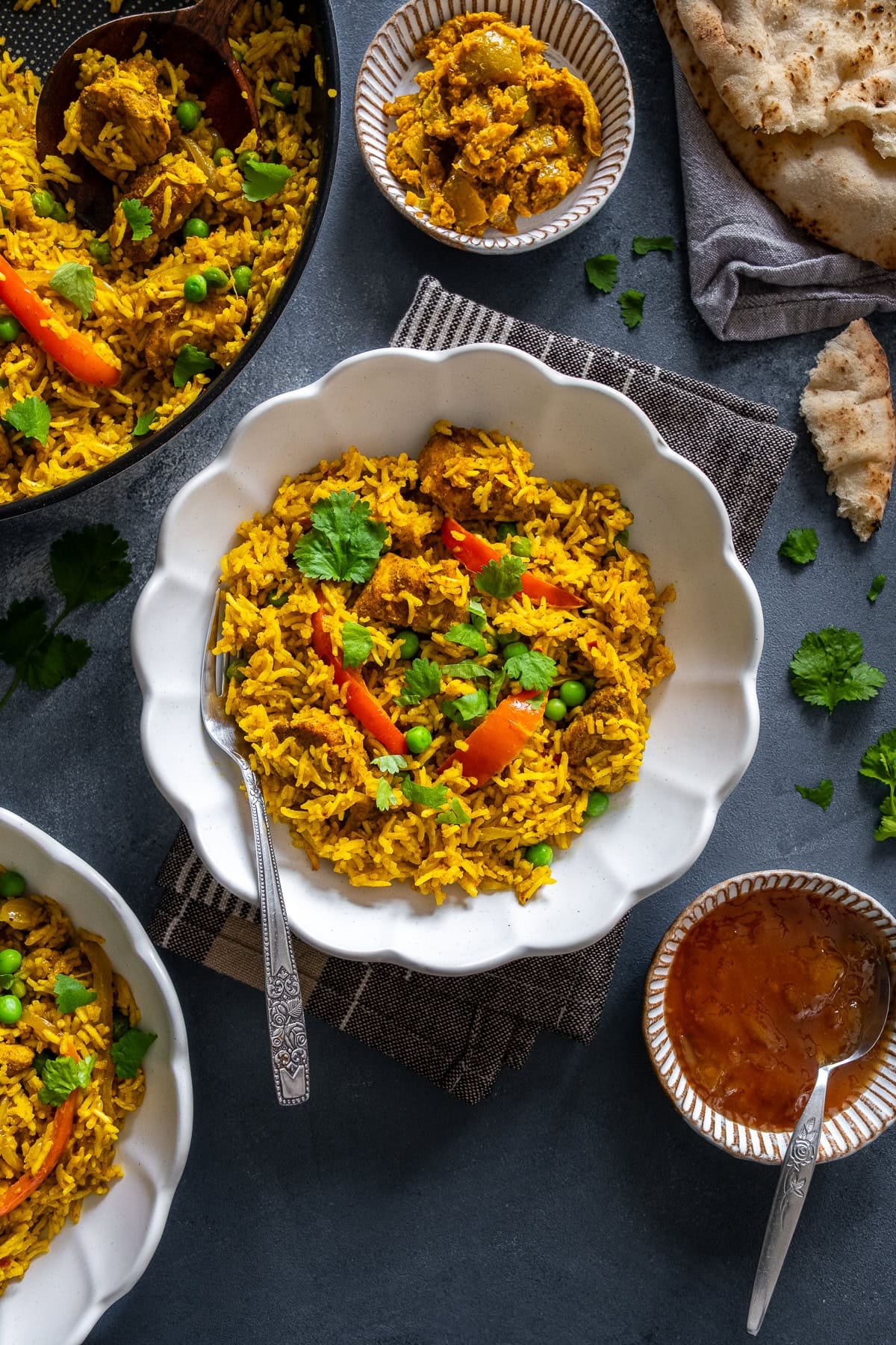 Overhead shot of Easy Chicken Biryani in a bowl.
