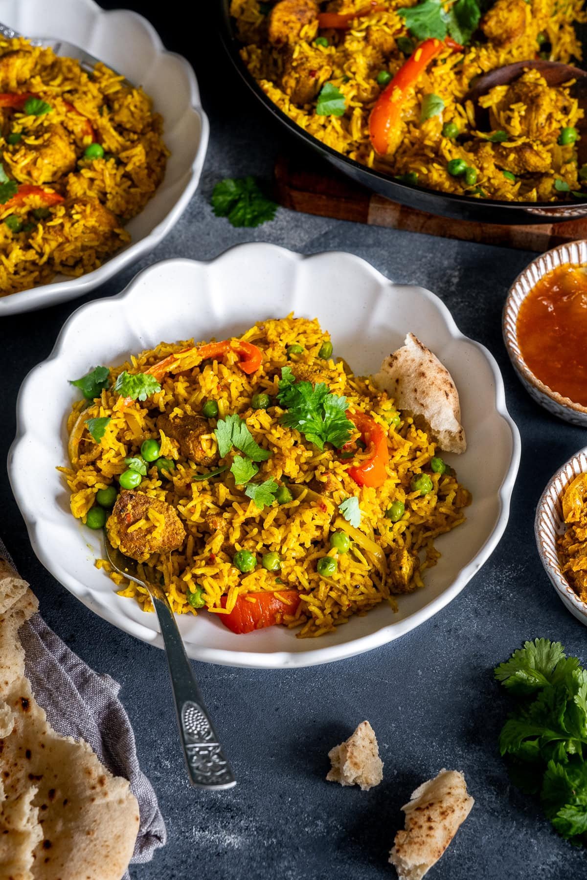 Closeup of 1 bowl of Easy Chicken Biryani.