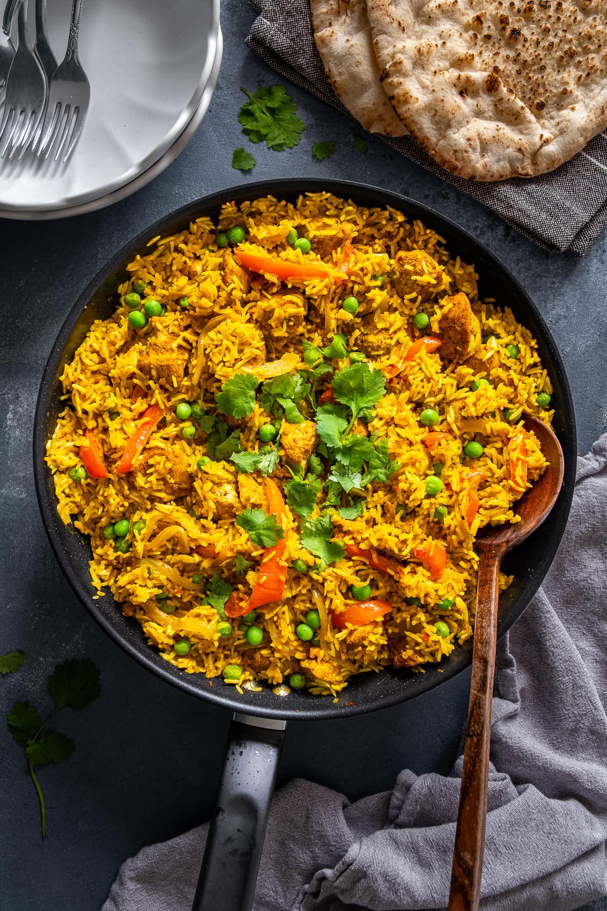 Overhead shot of Easy Chicken Biryani in the pan.