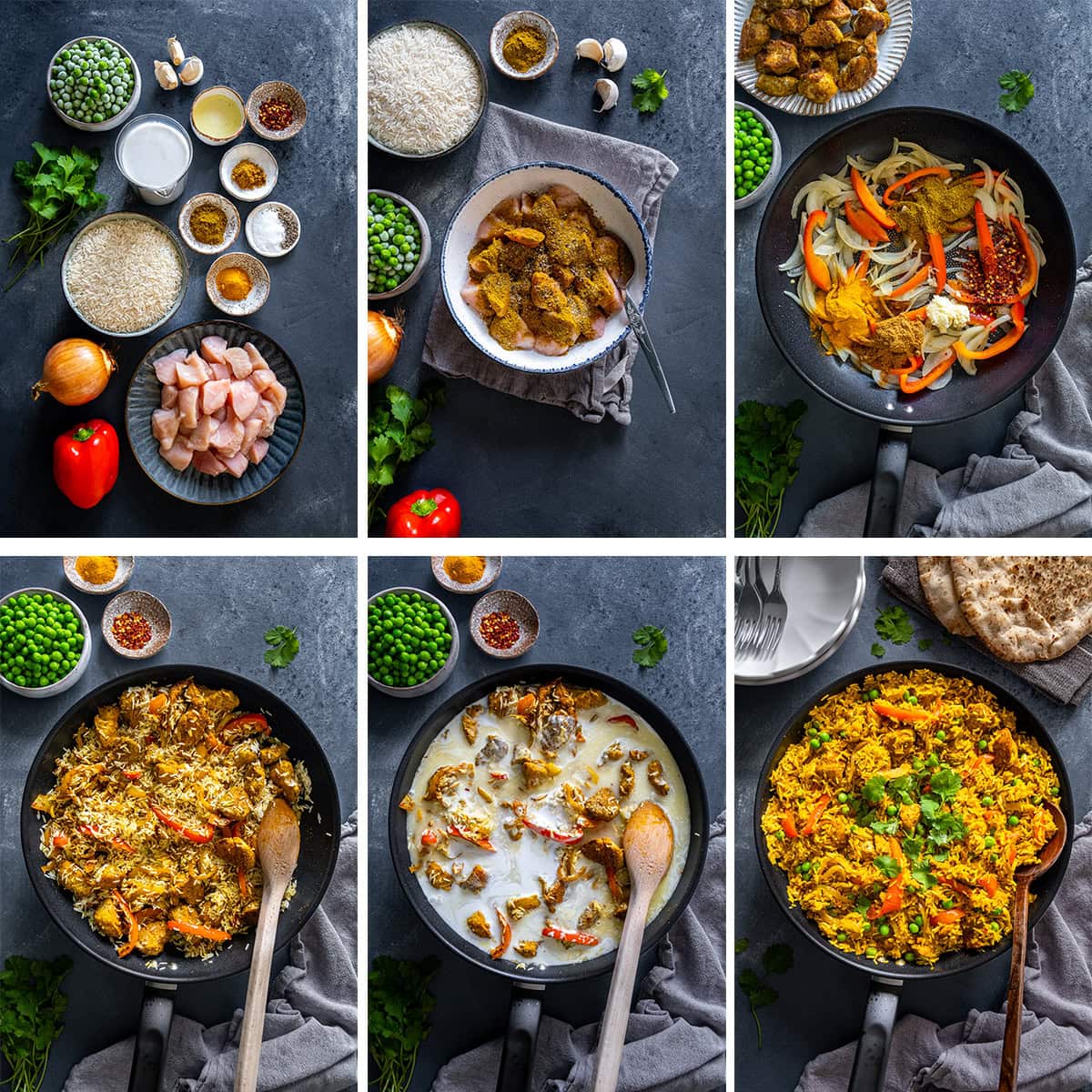 Collage showing 6 process shots for Easy Chicken Biryani