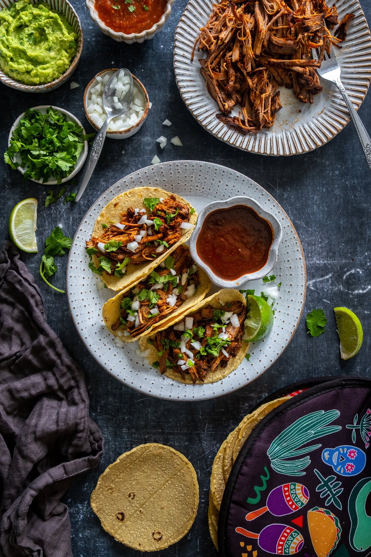 Overhead shot of Easy Beef Birria Tacos with Consome