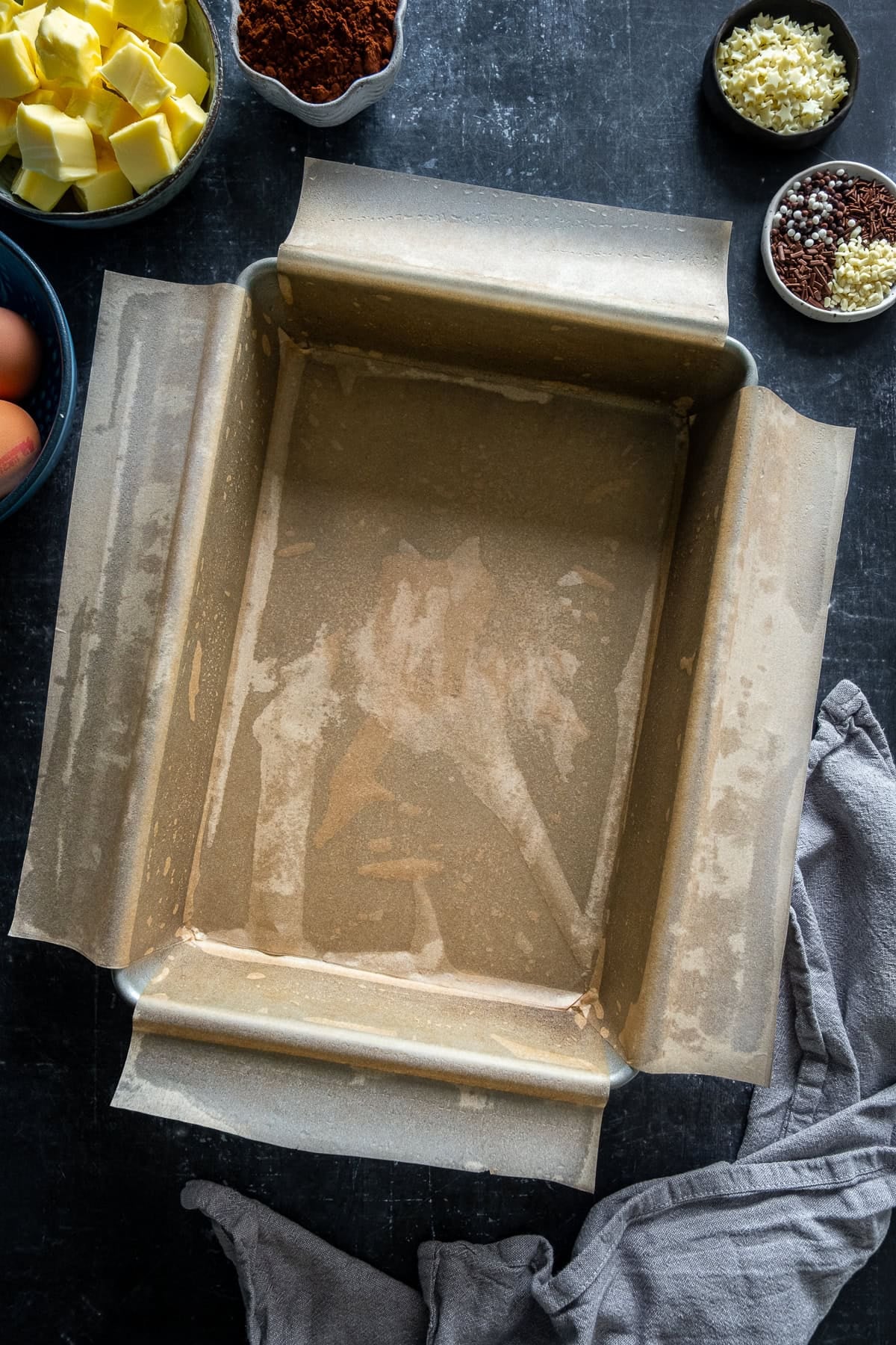 Traybake pan lined as per description in Easy Chocolate Traybake Cake recipe.