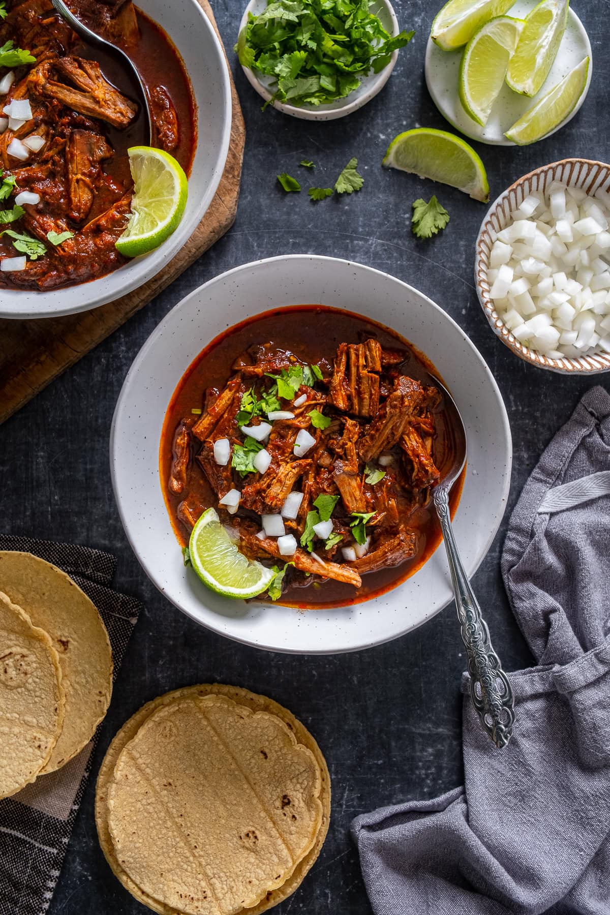 Overhead shot of Easy Mexican Beef Birria in a bowl.