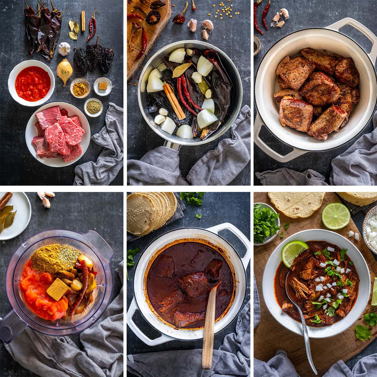 Collage showing 6 process shots for Easy Mexican Beef Birria