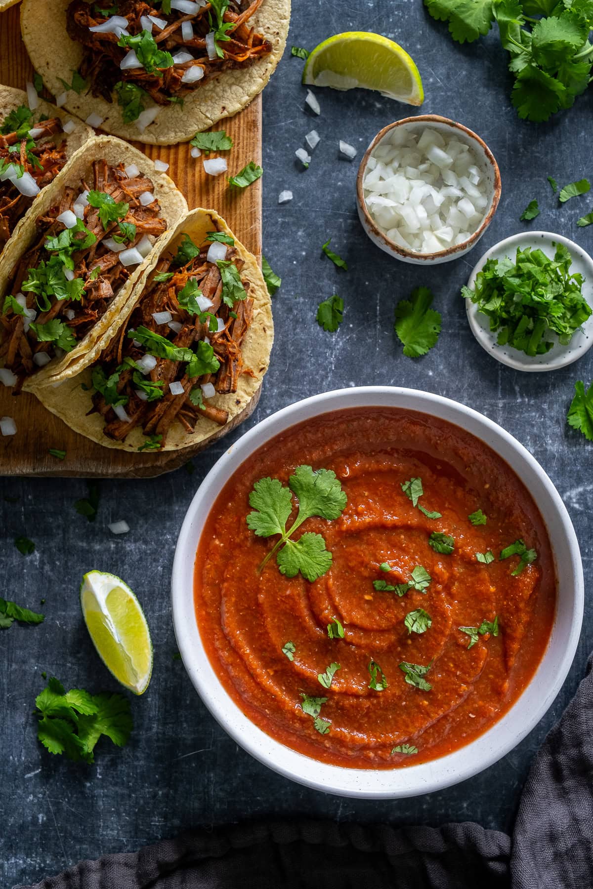 5 Minute Blender Salsa with birria tacos