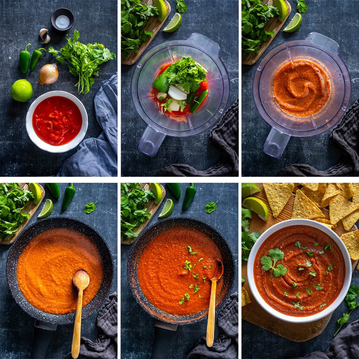 Collage showing 6 process shots for 5 Minute Blender Salsa