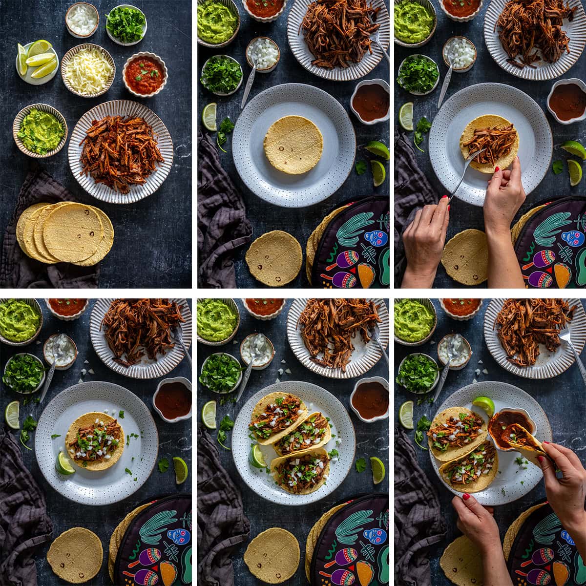 Collage showing 6 process shots for Easy Beef Birria Tacos