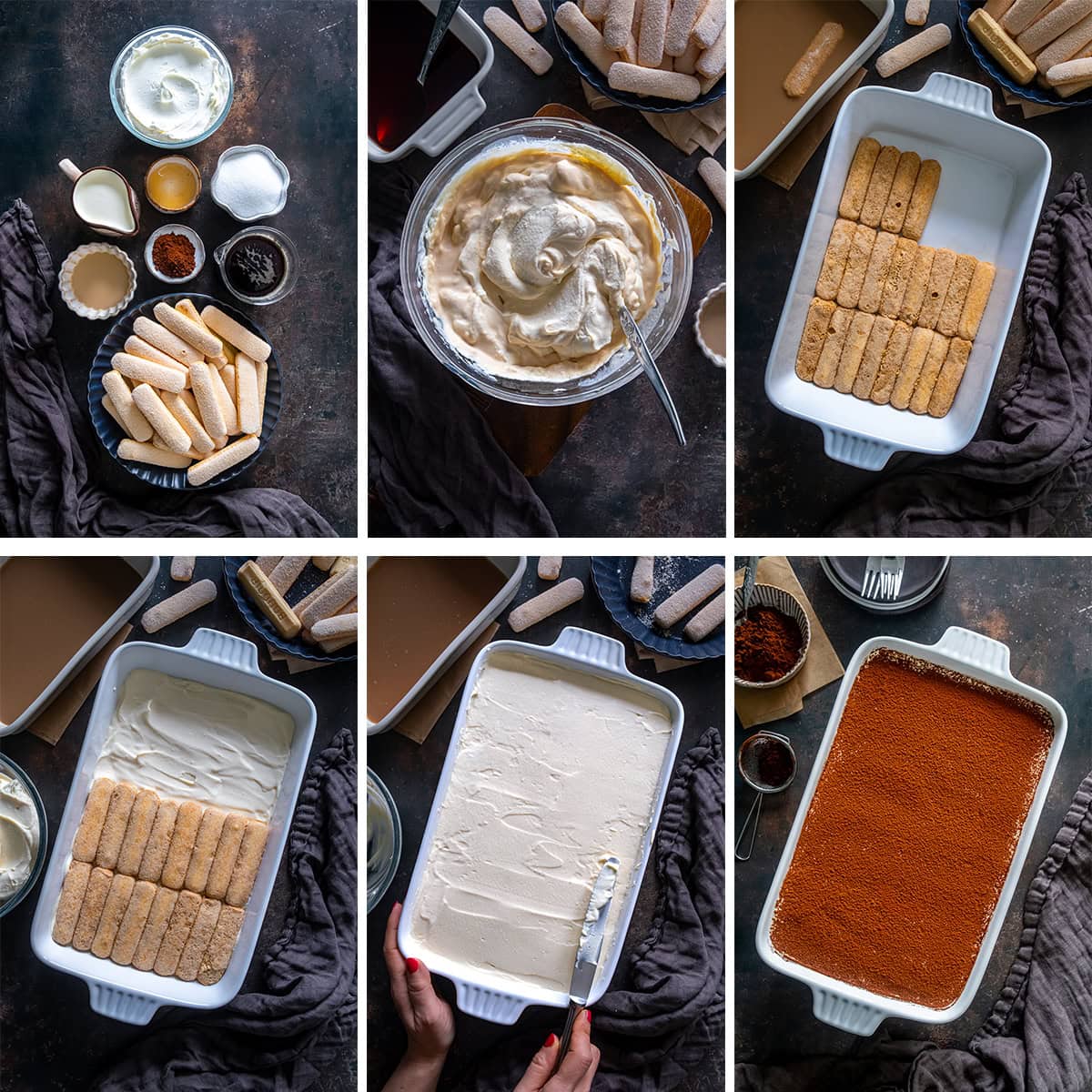 Collage showing 6 process shots for Easy Baileys Tiramisù