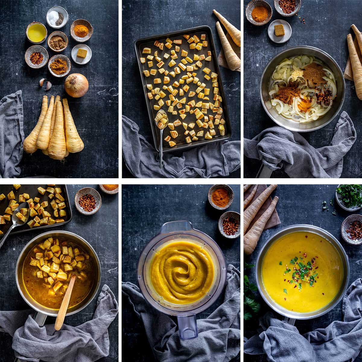 Collage showing 6 process shots for Easy Roasted Parsnip Soup