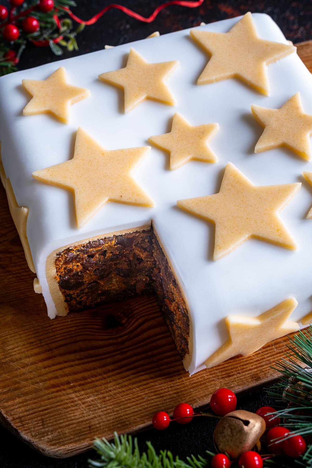 Easy Square Christmas Cake with a slice taken out.
