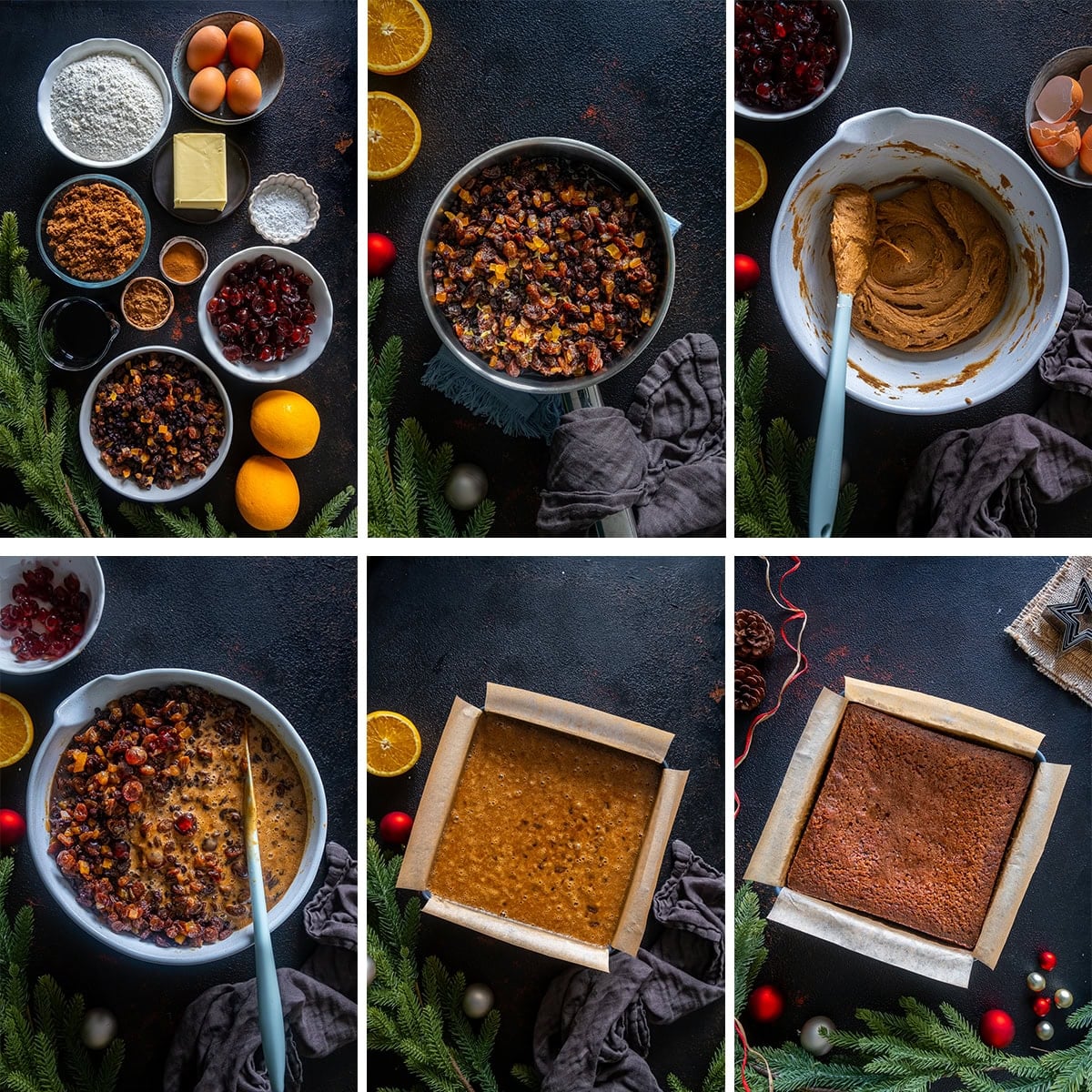 Collage showing 6 process shots for making Easy Square Christmas Cake