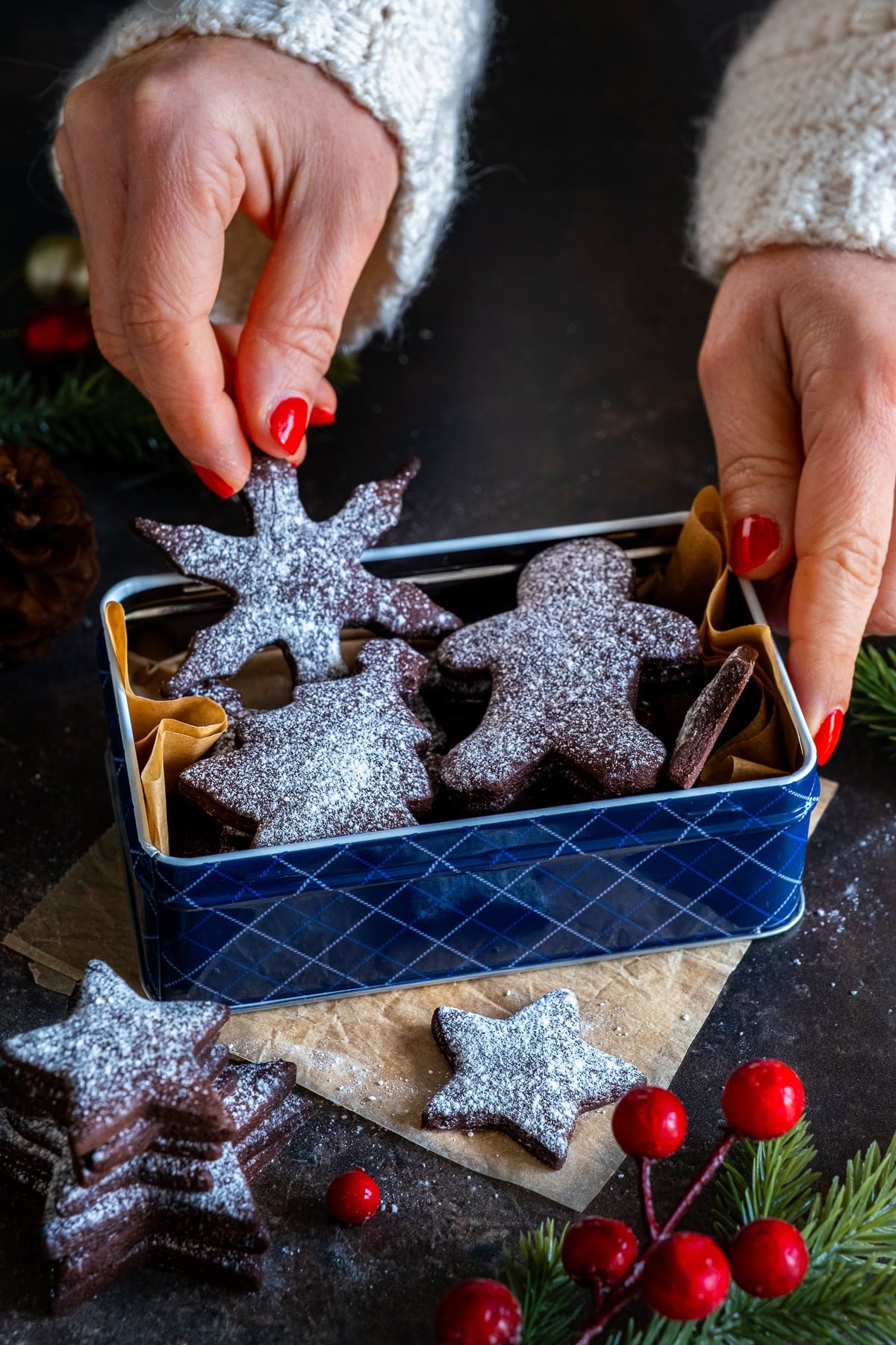 Easy Chocolate Christmas Biscuits in a pretty blue biscuit tin.