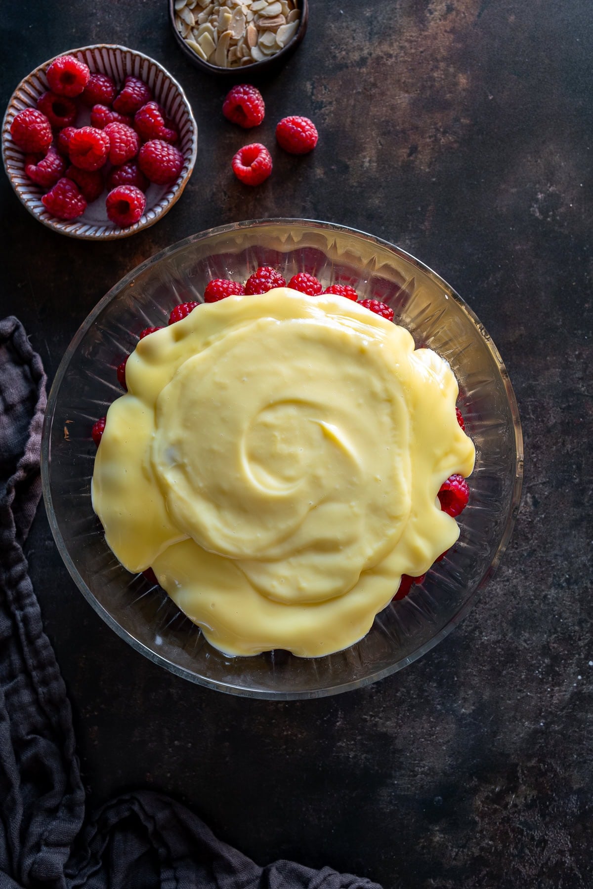 Overhead shot of the custard layer of Easy Sherry Trifle
