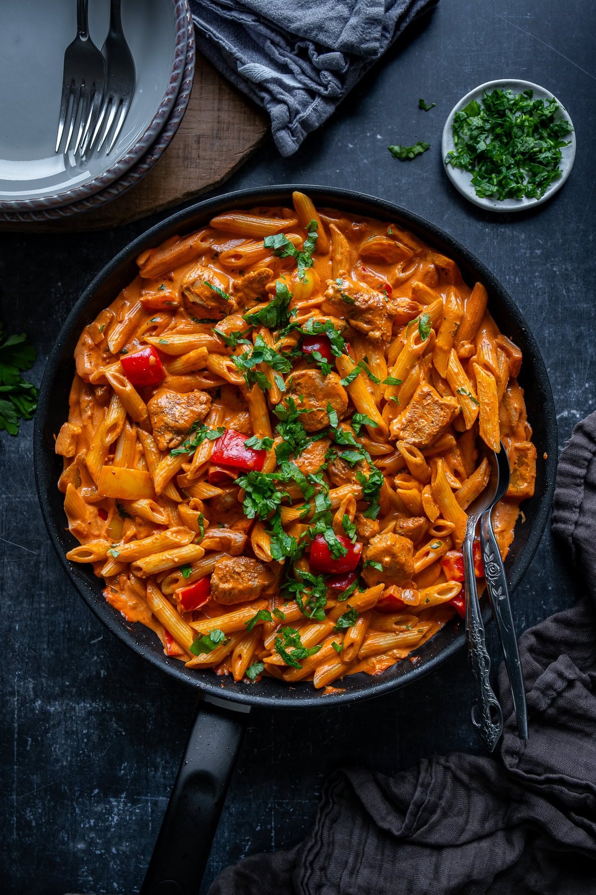 Overhead shot of Creamy Cajun Chicken Pasta in the pan.