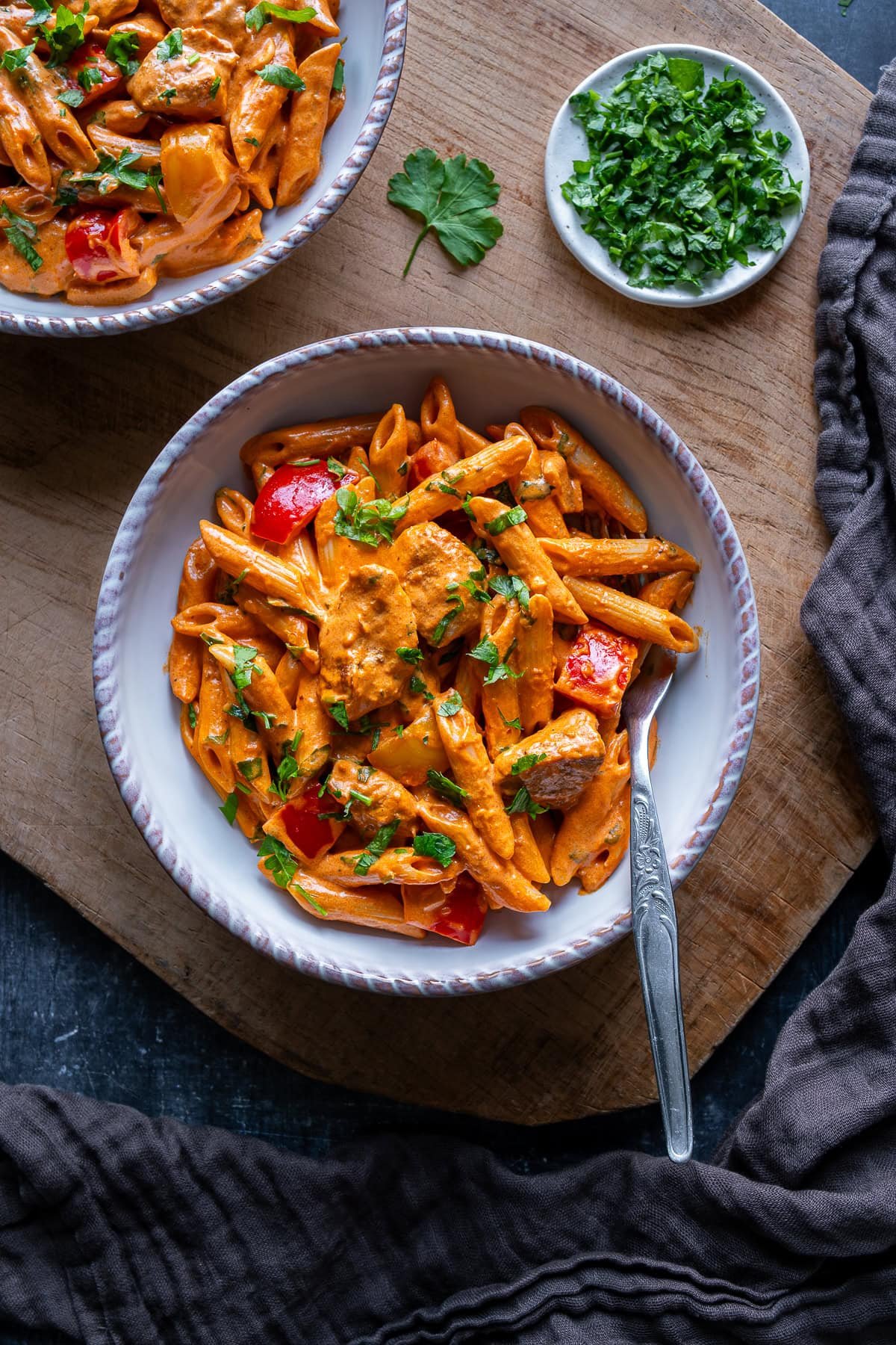 Overhead shot of Creamy Cajun Chicken Pasta in a bowl.