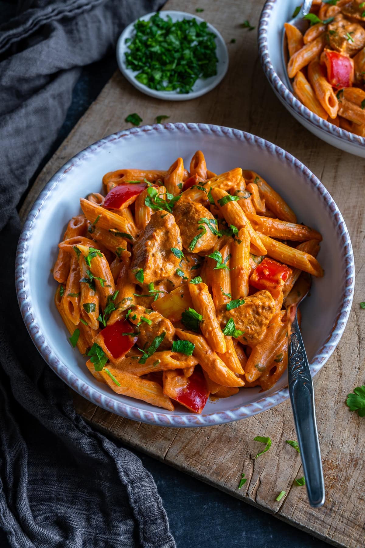 Closeup of 1 bowl of Creamy Cajun Chicken Pasta