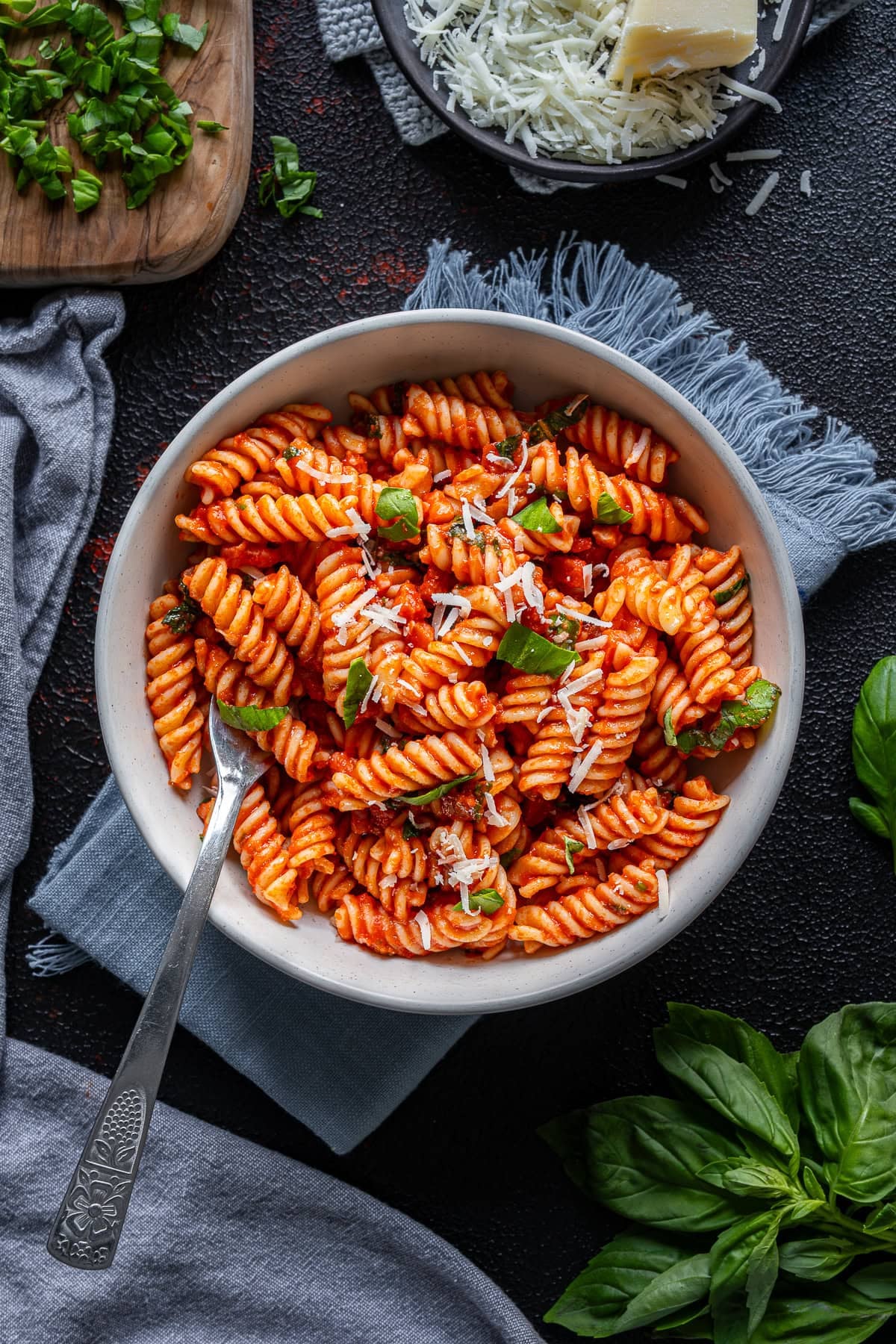 Overhead shot of 1 bowl of Easy Bacon and Tomato Pasta