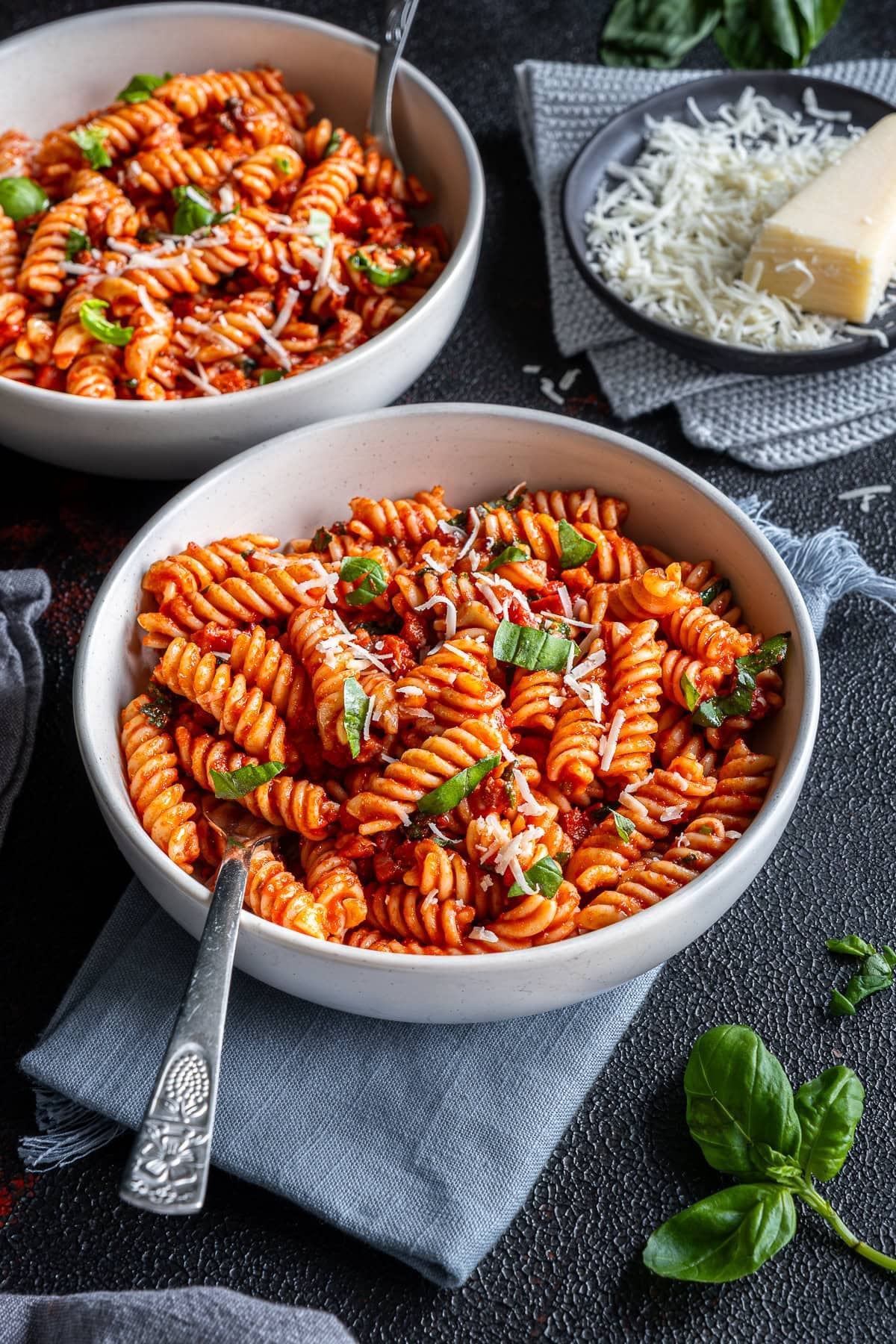 Closeup of Easy Bacon and Tomato Pasta in a bowl.