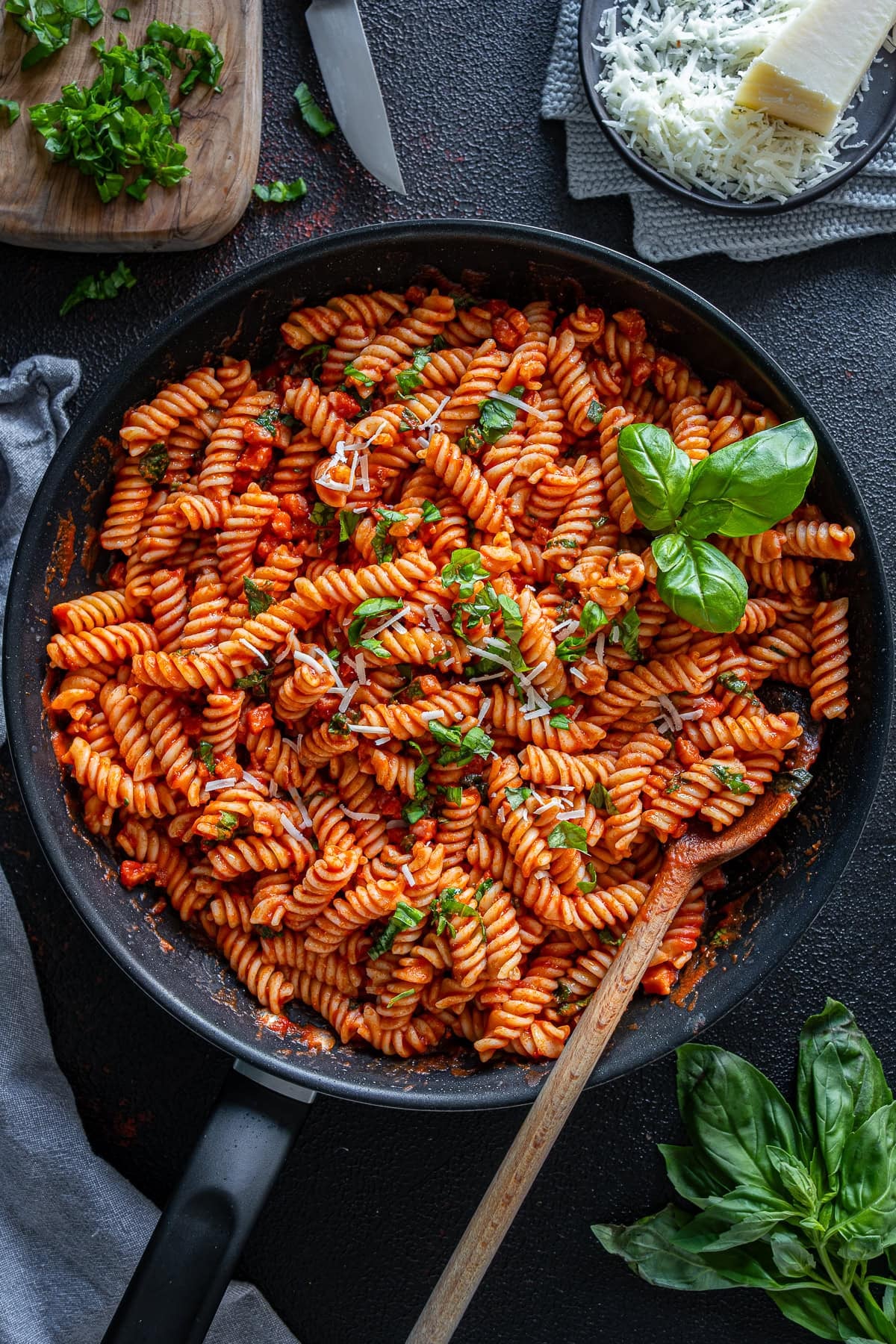 Overhead shot of Easy Bacon and Tomato Pasta in the pan.