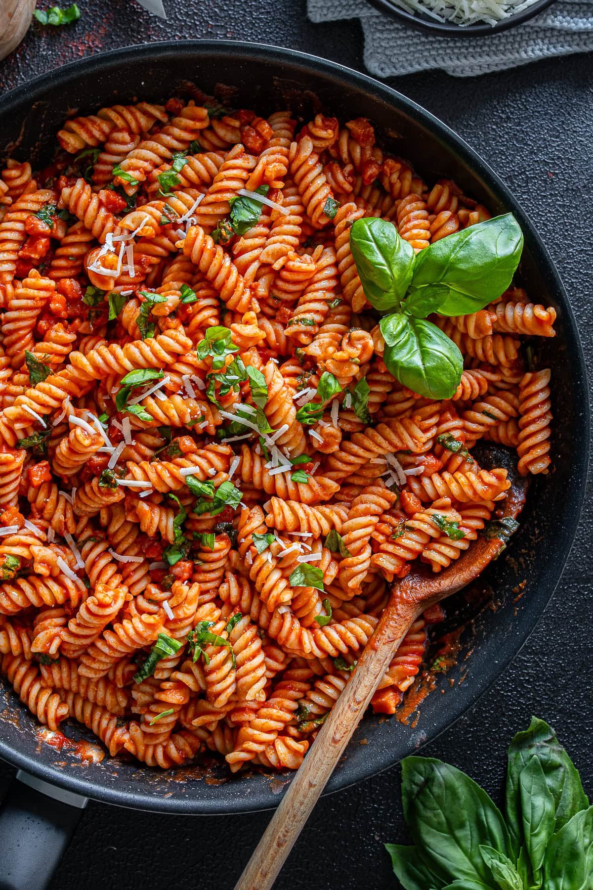 Overhead shot of Easy Bacon and Tomato Pasta in the pan.