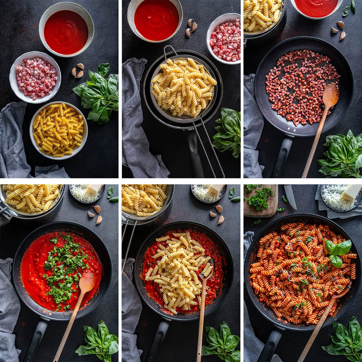 Collage showing 6 process shots for Easy Bacon and Tomato Pasta