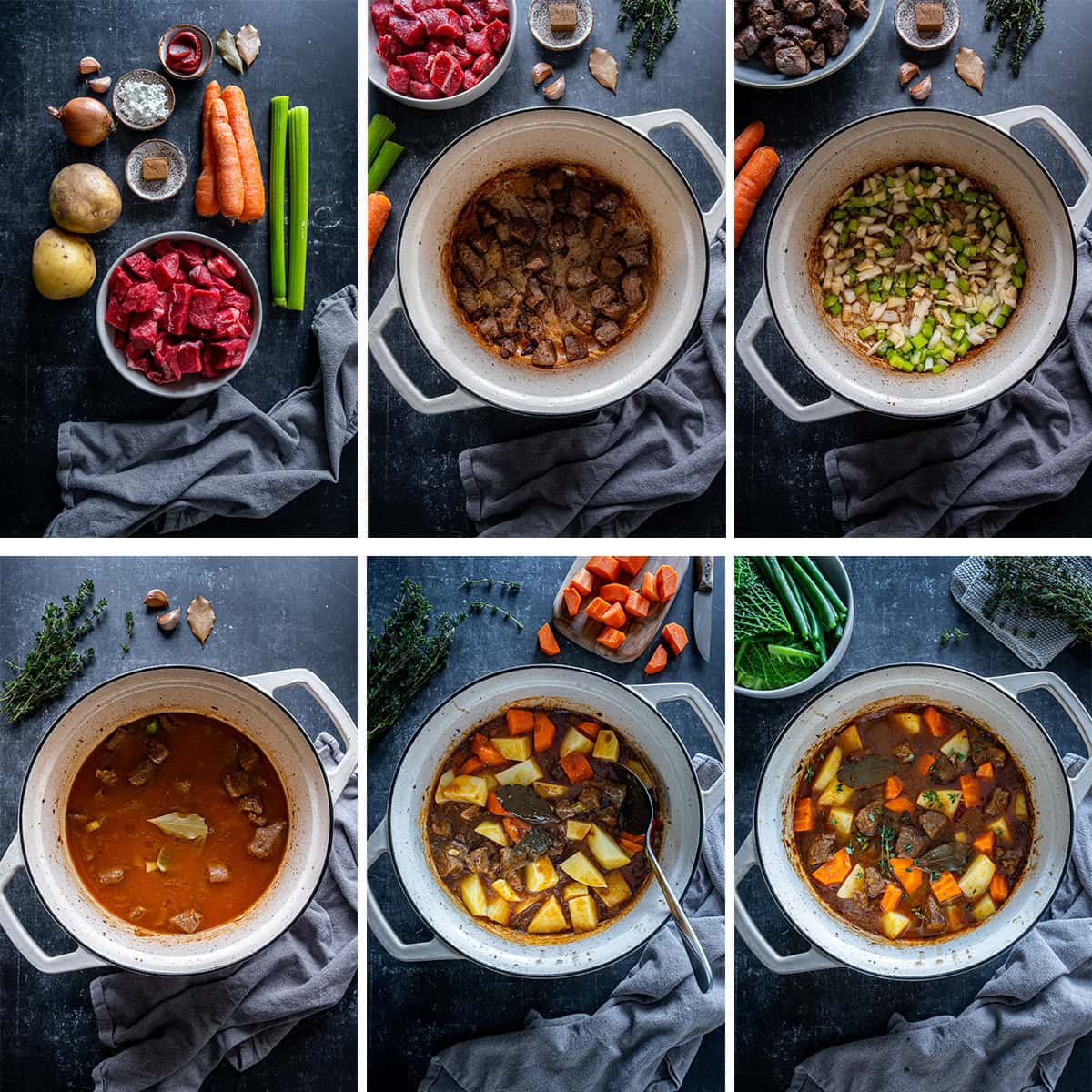 Collage showing 6 process shots for Easy Beef Casserole