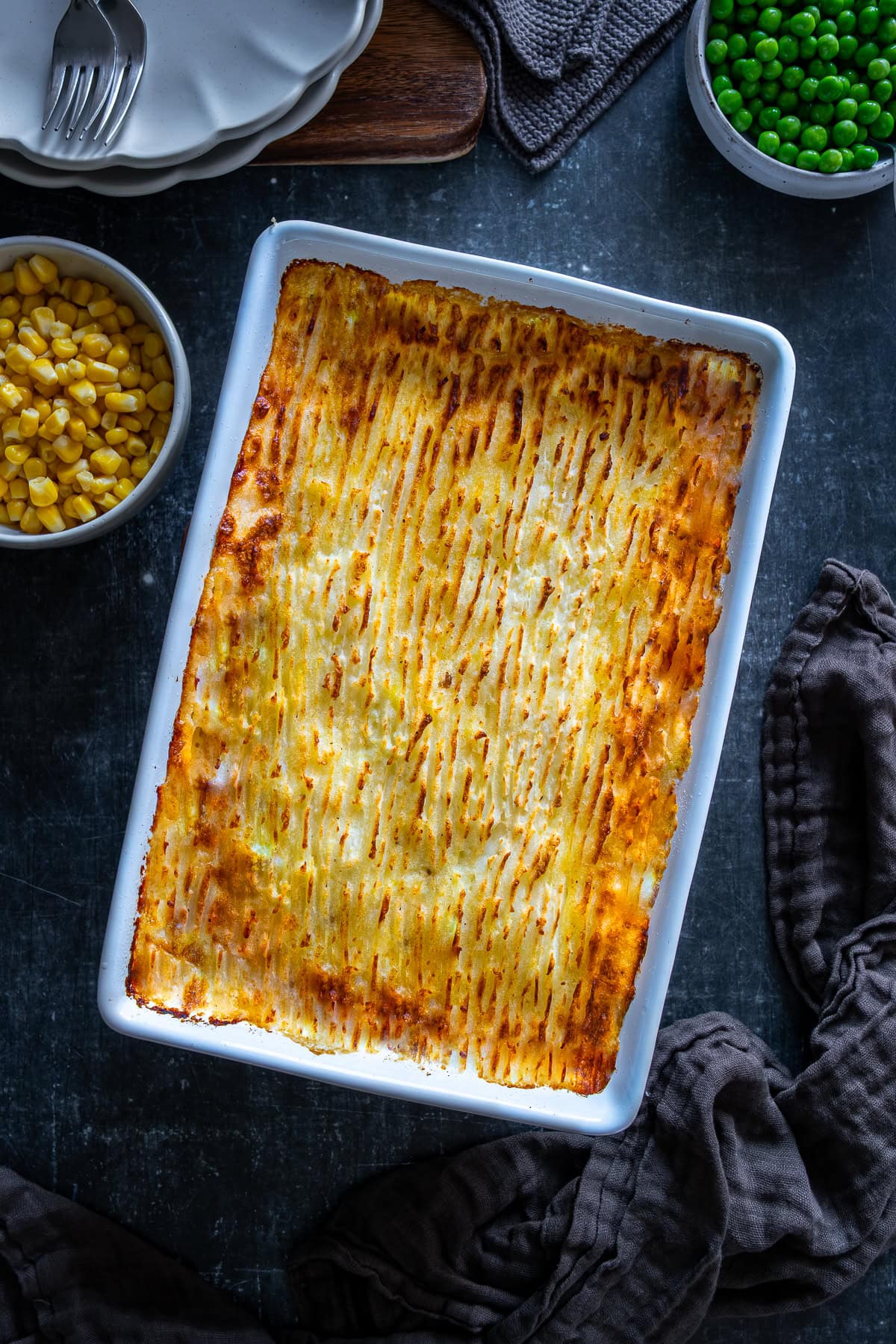 Overhead shot of Easy Peasy Shepherd’s Pie in the dish.